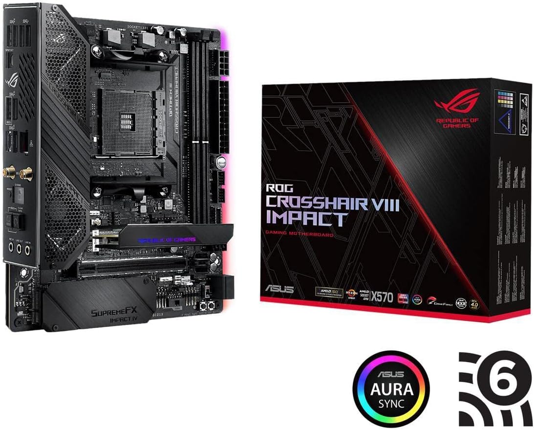 Asus ROG (X570) Crosshair VIII Impact, AMD, AM4, Ryzen 3000, (Mini-DTX) SFF Gaming Motherboard with PCIe 4.0, On-Board WiFi 6 (802.11Ax), Intel LAN, SATA 6GB/s, USB 3.2 Gen 2, SO-DIMM.2 and Aura Sync