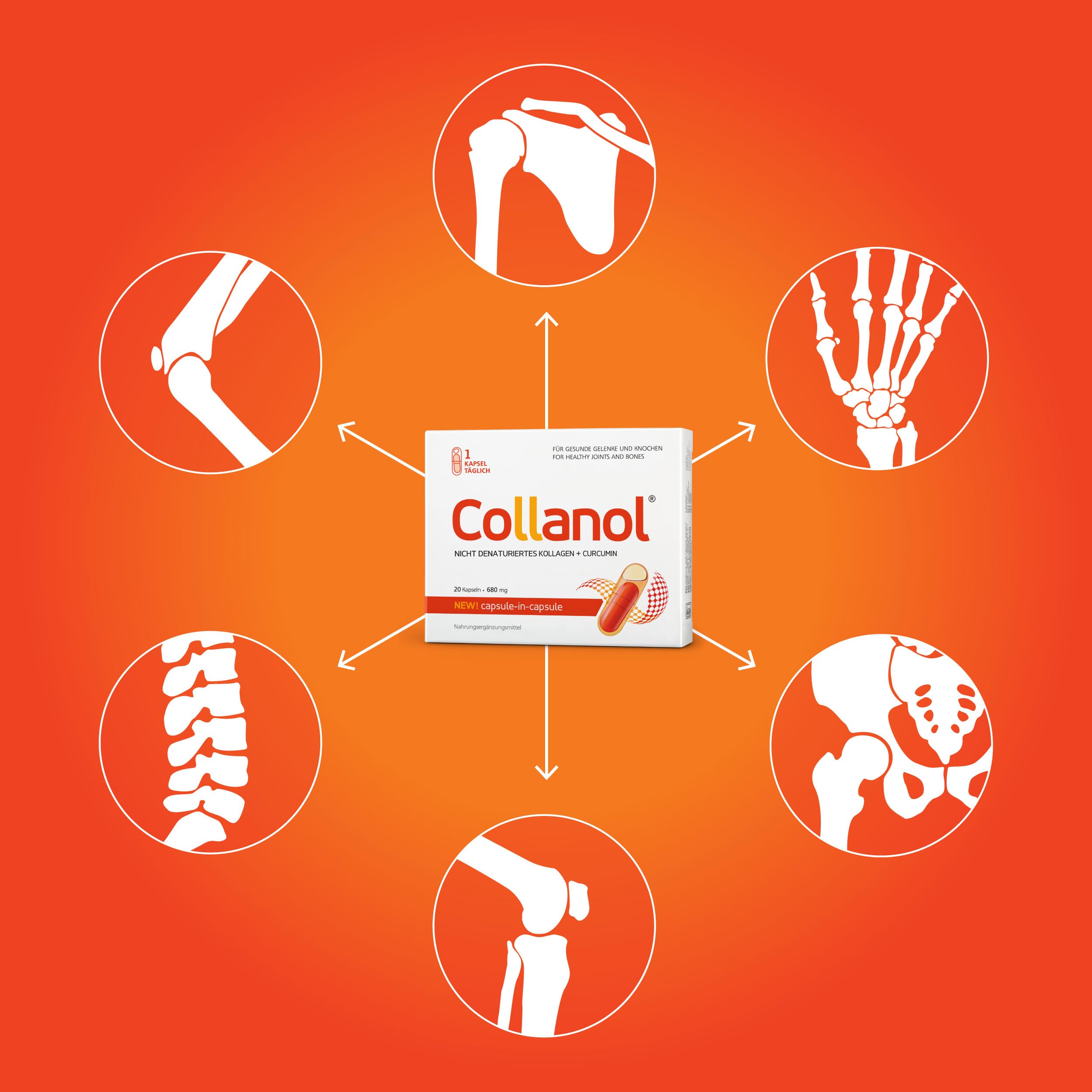 Collanol – Innovation in der Pflege gesunder Gelenke. Flüssige Formel in einer Doppelkapsel 3D- Kollagen + Mizell-Extrakt von Curcumawurzeln 1 Kapsel/Tag. Laborgeprüft (20 Kapseln)