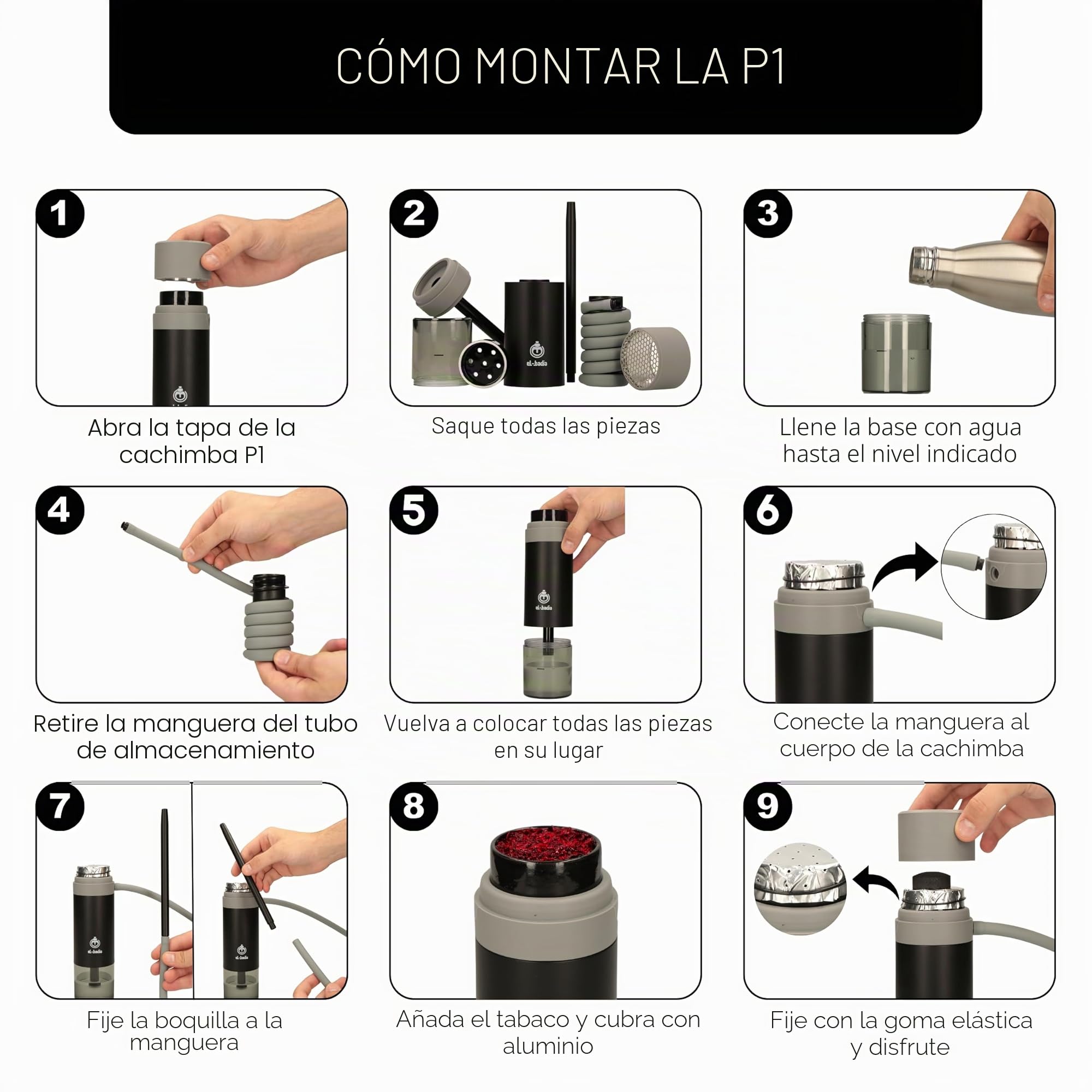 Cachimba Portátil EL-BADIA P1 24 cm – Shisha de Viaje Ultra-Compacta con Sistema Patentado de Almacenamiento de Manguera, Cazoleta de Cerámica Reversible & Manguera de Silicona (Deep Black)
