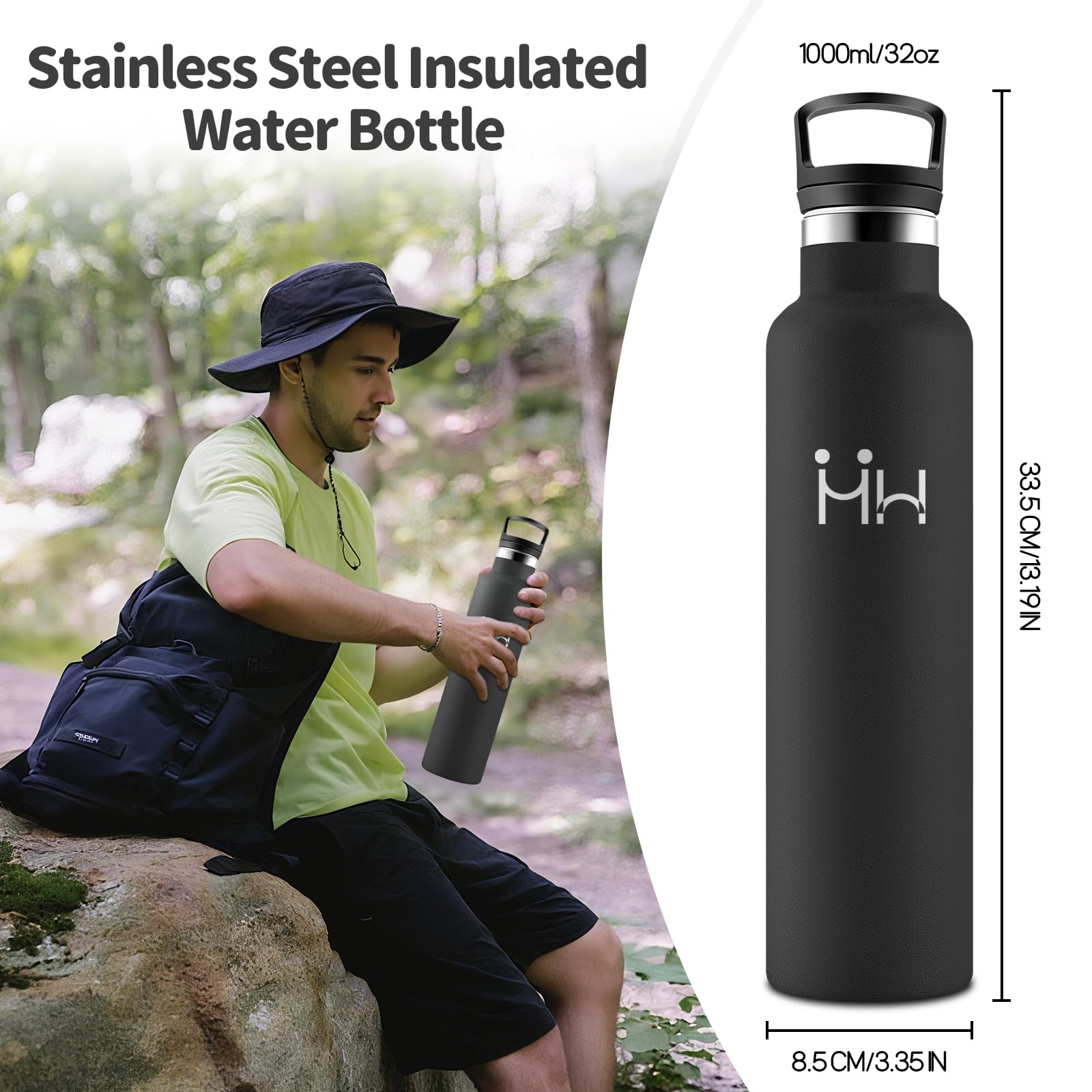 HoneyHolly Borraccia 1 Litro, Senza BPA, Bottiglia Termica, Sottovuoto a Doppia Parete, Borracce Termiche, 18/8 Acciaio Inox, Borraccia Termica con Cannuccia, Termos per Palestra, Sport, Bici