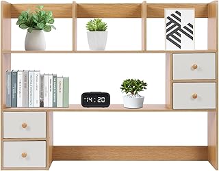 Wood Desk Hutch Organizer, Desktop Hutch with 8 Shelves & 4 Drawers, Vanity Desk with Hutch Top Only, Extendable Small Desk Shelf for Top of Desk, Desktop Bookcase Bookshelf for Home Office