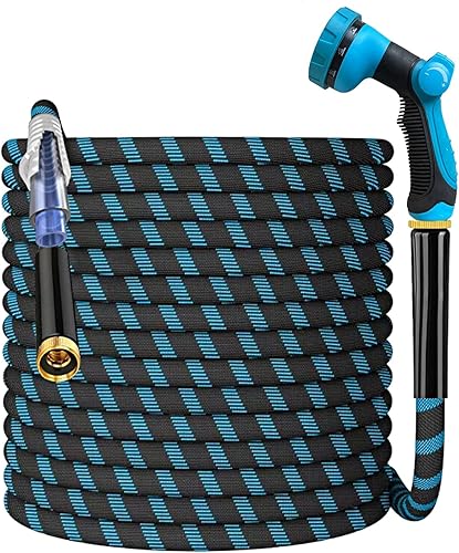 Manguera de jardín no expandible de 150 pies, flexible y ligera, resistente a torceduras y enredos. Con boquilla de 10 vías, fuertes accesorios de