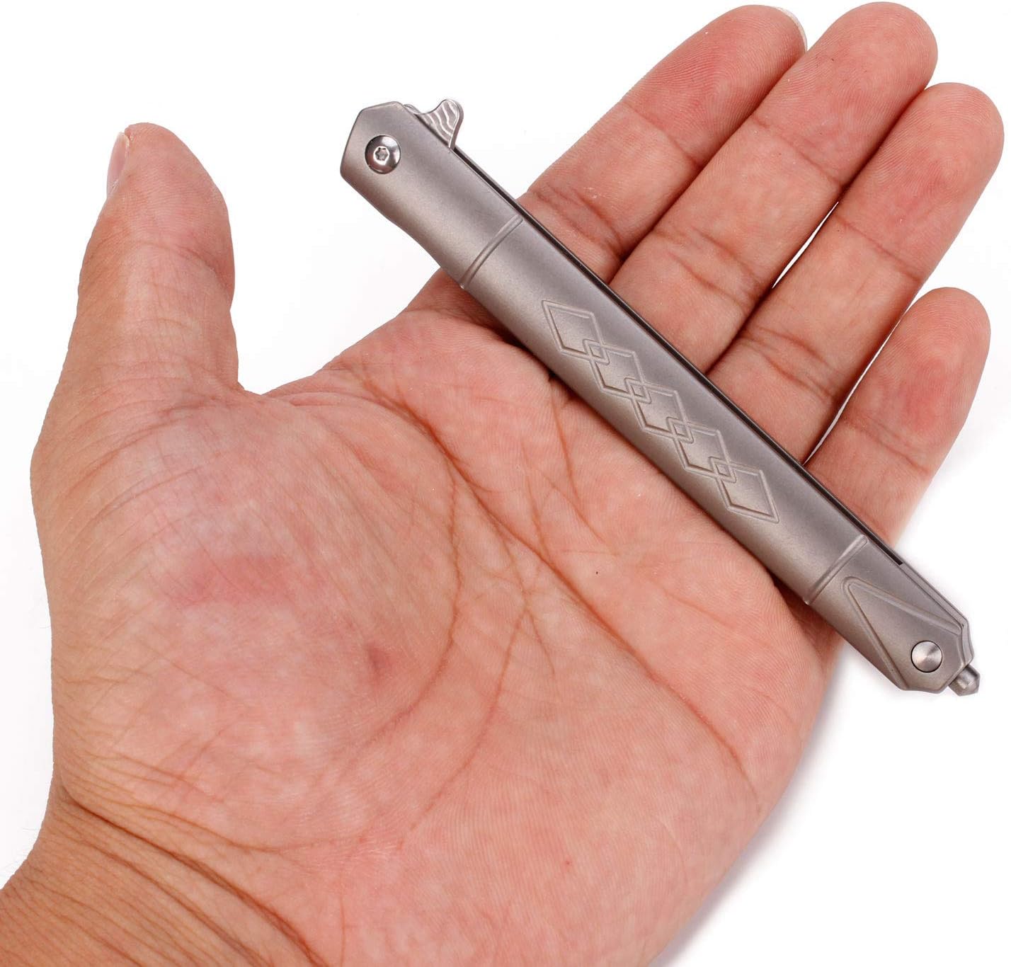 Samior GD035 Small Slim Folding Pocket Flipper Knife, 3.5 inches VG10 Damascus Tanto Blade, Grey Titanium Handle Frame Lock Pocket Clip, Sleek EDC Low Profile Gentleman's Knives