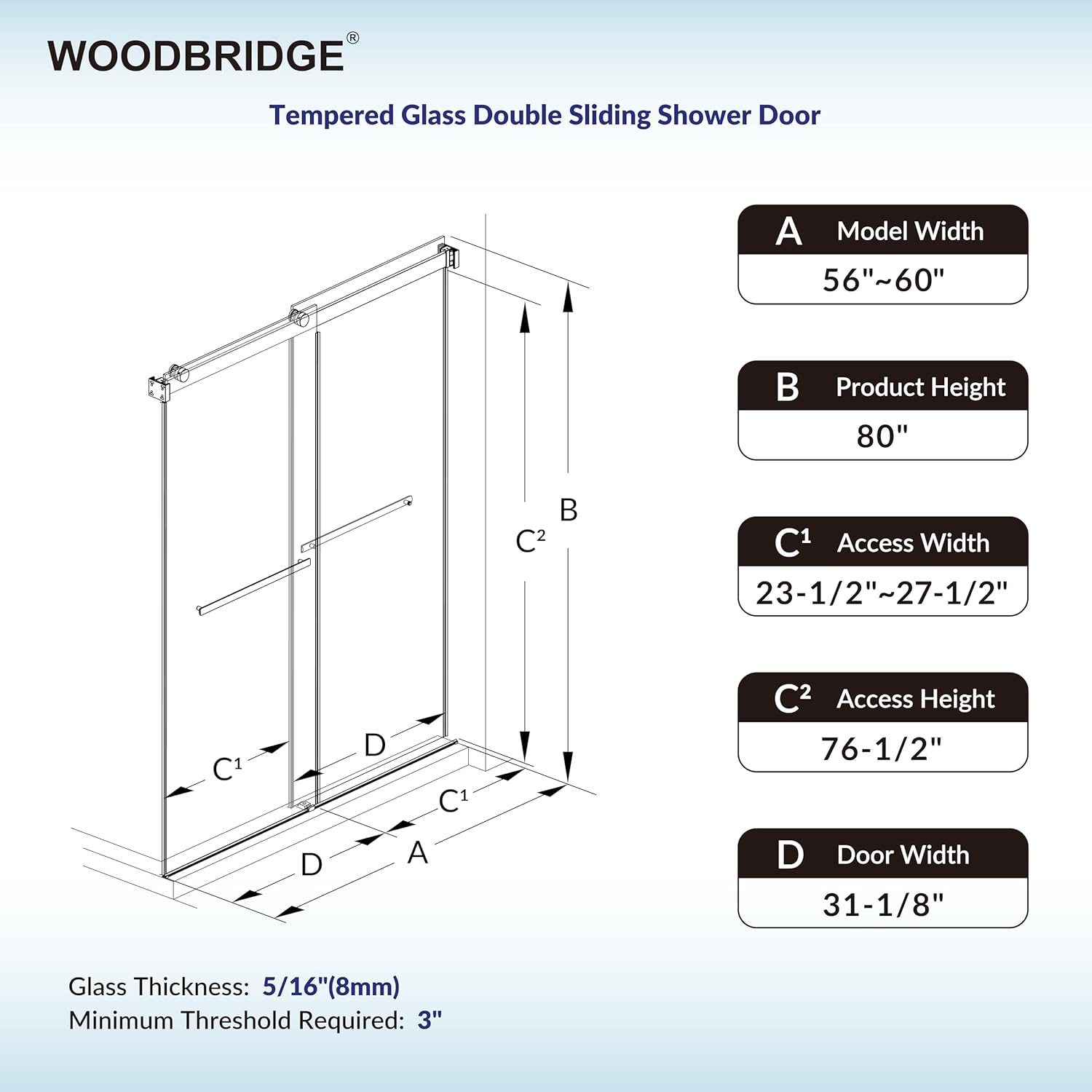 Woodbridge 56-60" W x 80" H Frameless Double Sliding Shower Door, with Tempered Glass & Explosion Proof Film in Matte Black Finish