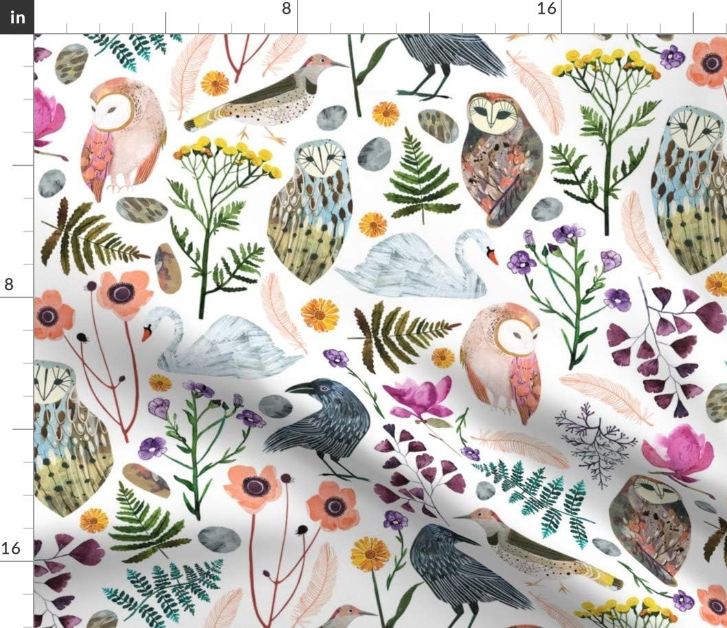 Spoonflower Fabric - Dreams Large Birds Botanical Floral Owl Fern Green Bird Woodland Printed on Petal Signature Cotton Fabric by The Yard - Sewing Quilting Apparel Crafts Decor