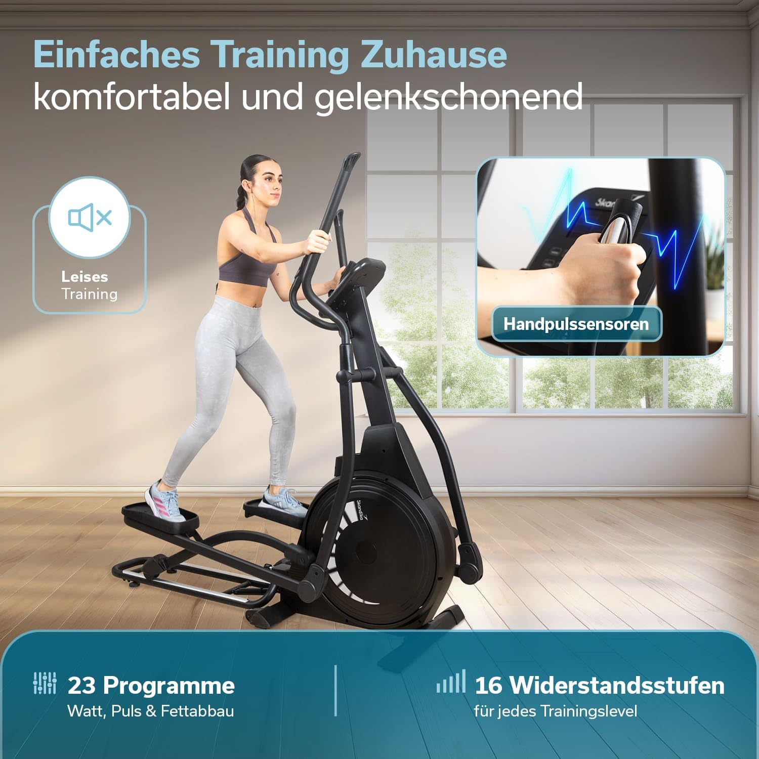 Skandika Crosstrainer für Zuhause Carbon P23 | klappbar, Ellipsentrainer mit 23 Programmen, 16 Stufen, platzsparend, leise, Kinomap App kompatibel, moderner Computer, kompakt, Cardio, Bis 135Kg