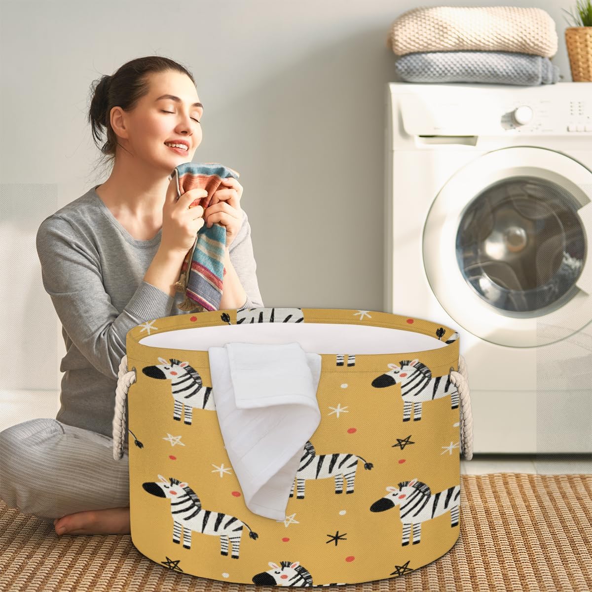 Large Storage Baskets - Zebra Nursery Round Collapsible Organizer Bin Box, Laundry Hamper for Kids Toys, Blanket, Bedroom Living Room Home Decor, Gift Basket, 19.4"x13.3"