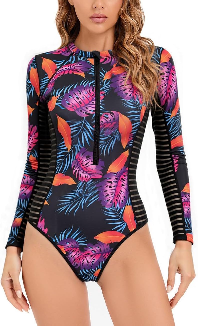 YATEEN Womens Athletic Training Swimsuit Long Sleeve Rashguard