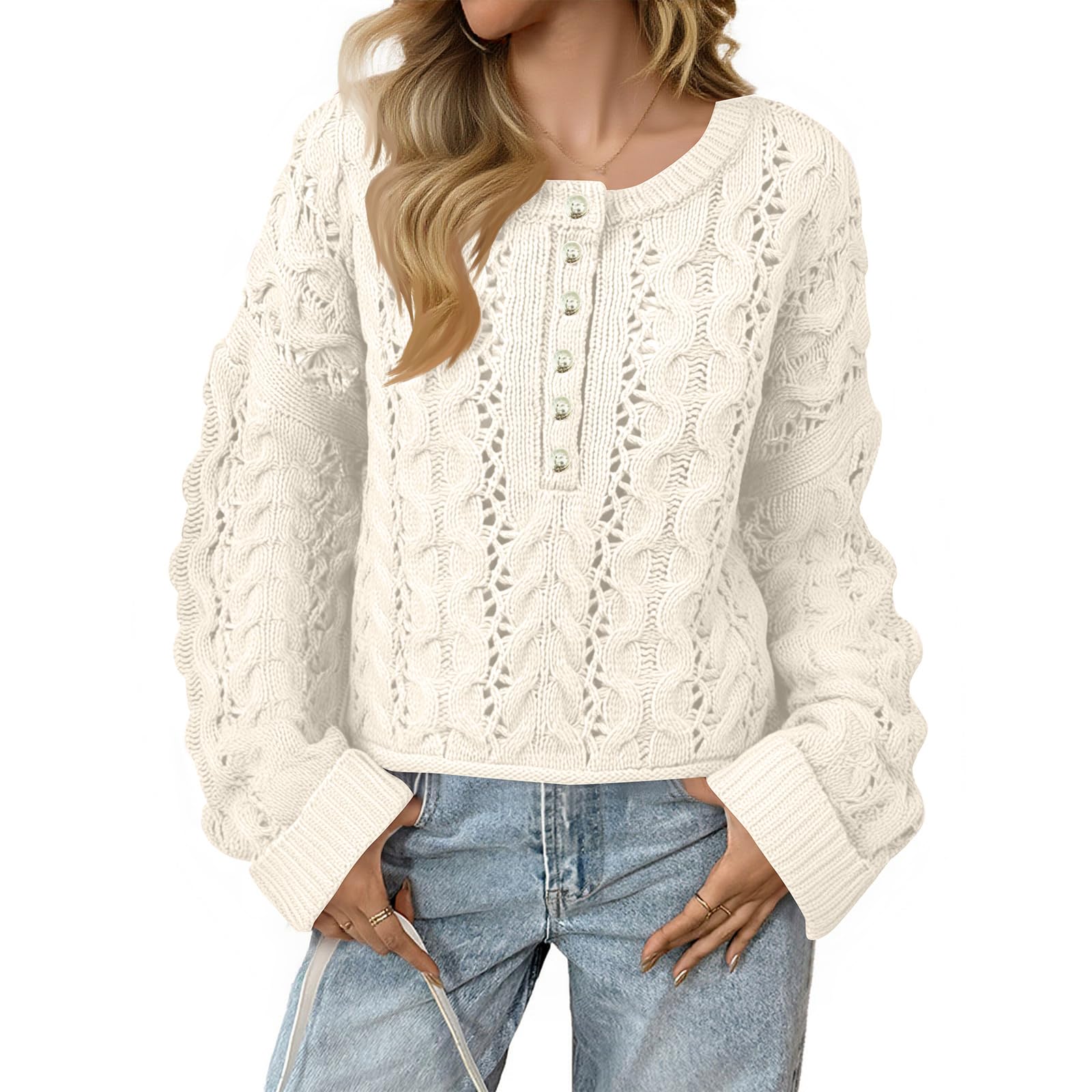 Long Sleeve Sweater for Women Solid Color Button Cable Knit Pullover Sweater Loose Fit Pullover Blouses Trendy 2025