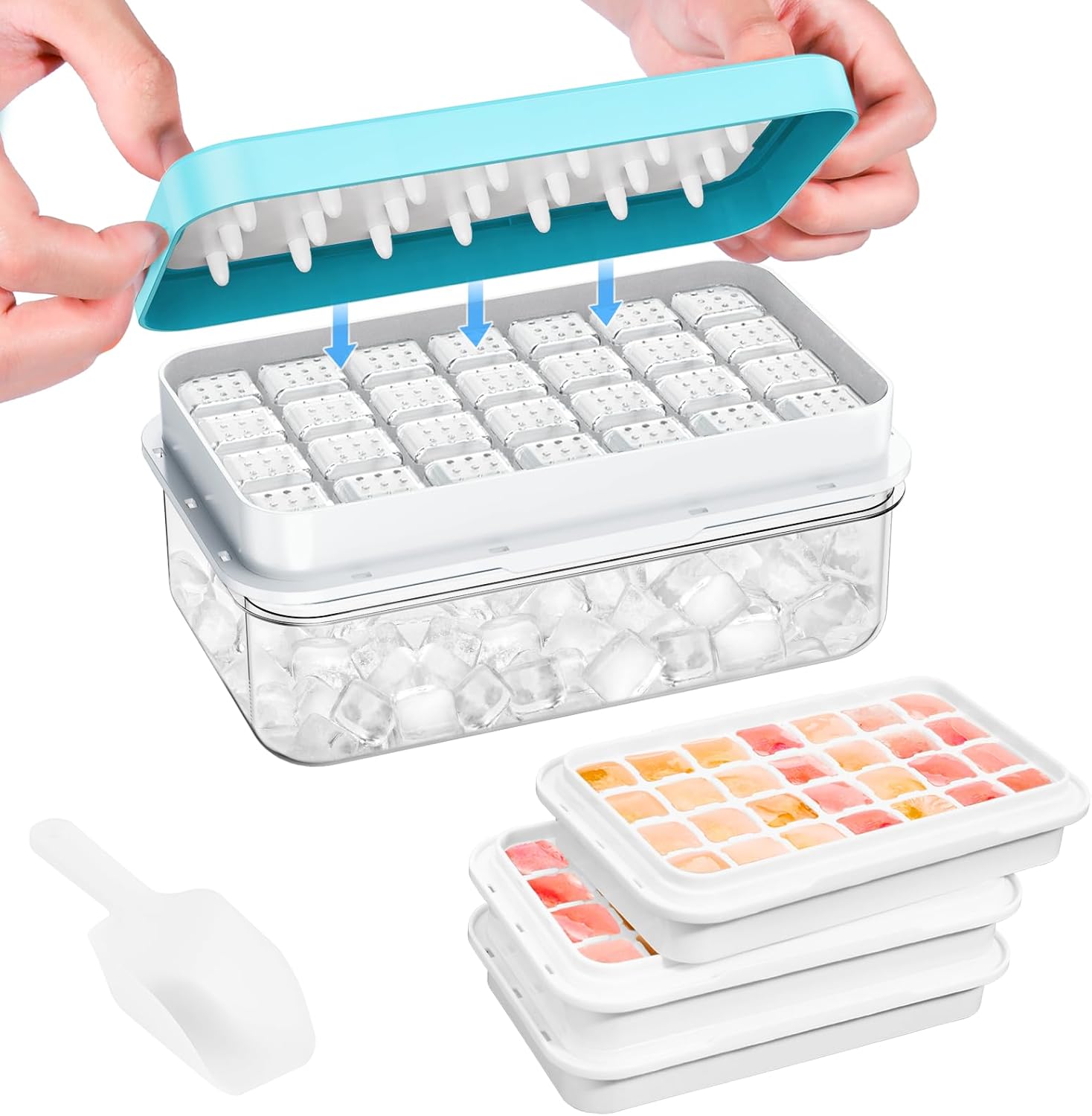 Ice Cube Tray with Lid and Bin, PHINOX 84 pcs Ice Trays for Freezer, Ice Cube Trays for Freezer with 3 trays, Container, Lid & Ice Scoop, BPA Free