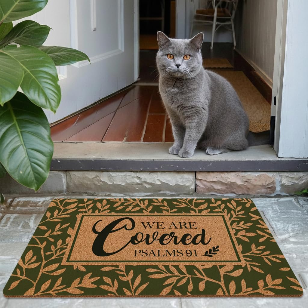 Christian Door Mat, We are Covered Psalm 91 Doormat, Outside Indoor Entrance Non Slip Doormat, Bible Artificial Coir Porch Back Door Home Decor,17X30in