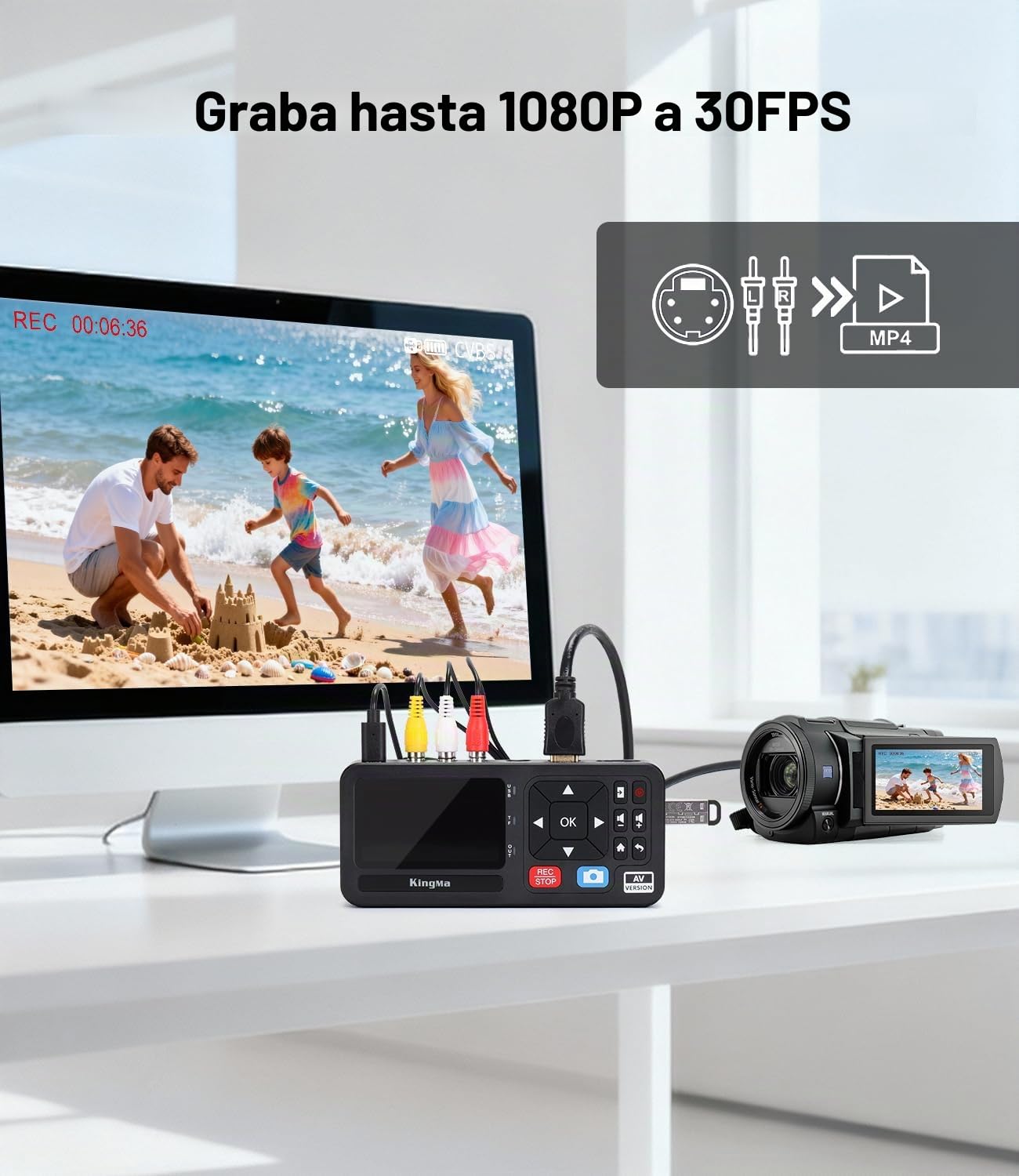 King Ma Grabadora de Vídeo 3" 1080P 30FPS VHS Digitalización de RCA, VCR, DVD, VHS, Hi8, videocámaras, juegos Almacenamiento TF/SD/USB (AV)