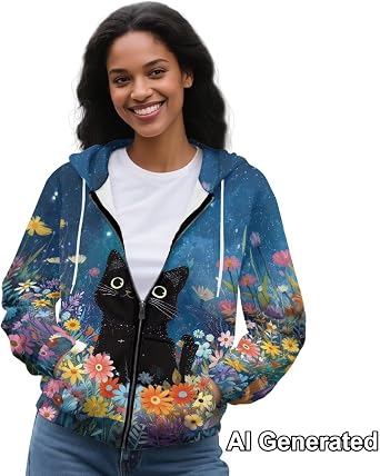 Biyejit Women's Novelty Print Zip Up Hoodies Long Sleeve Hooded Sweatshirt Jacket with Pocket