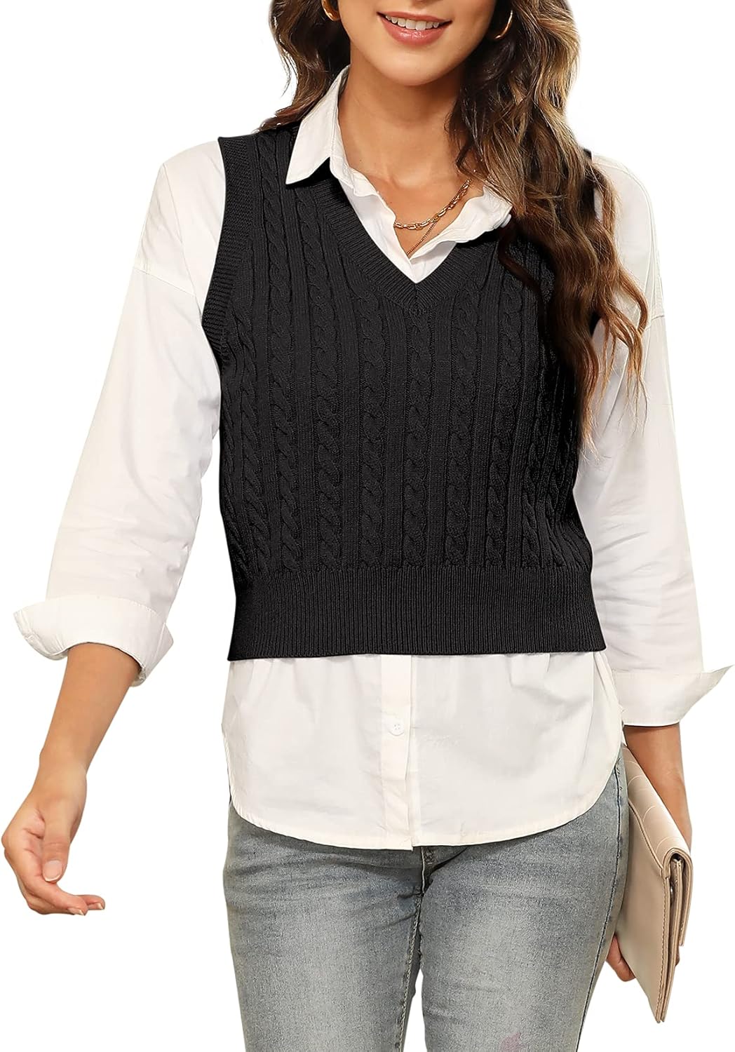 HOCOSIT Women's Knitted V-Neck Vest Argyle Plaid Preppy Style Sleeveless Pullover Crop Sweater Vest - Image 4