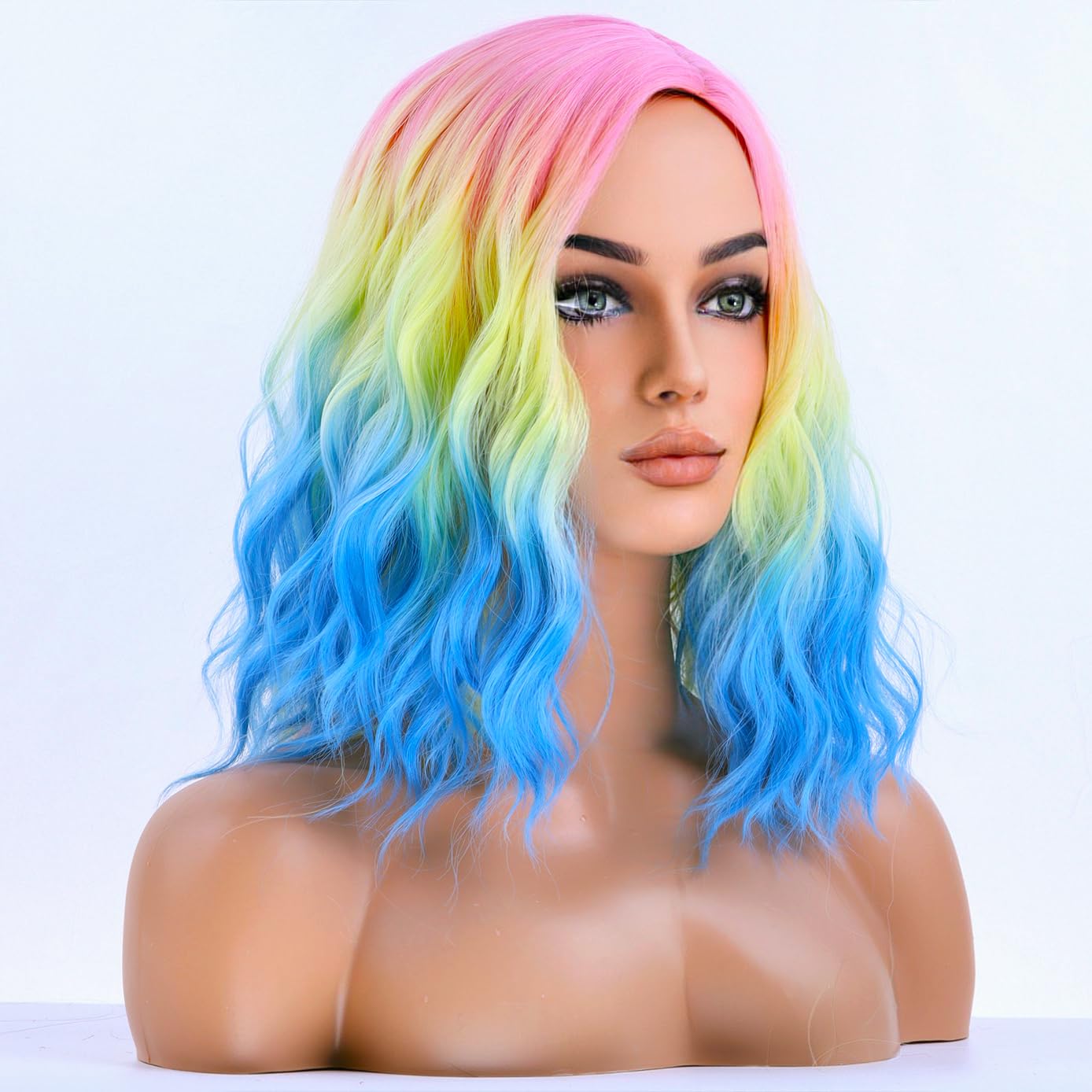 Photo 1 of BERON Rainbow Colored Wigs for Women Short Curly Wavy Girls Hair Wigs 14 Inch Ombre Multi Color Synthetic Hair Wig for Daily or Cosplay Use