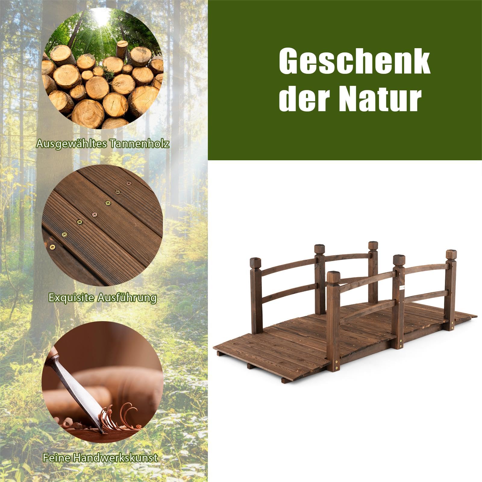 SOARS Holzbrücke mit Geländer, Gartenbrücke aus Fichtenholz, stabile Teichbrücke bis 150 kg belastbar, 171,5 × 75,5 × 58 cm, Zierbrücke begehbar, Dekobrücke für Garten, Teich & Bach