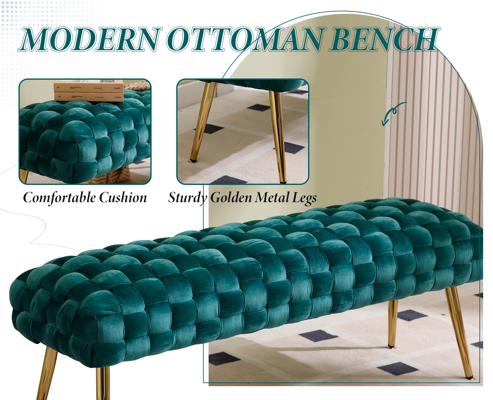 Ya-Home Panca Fondo Letto in Velluto Panchina Ingresso Pache Imbottita Moderne con Gambe Dorate Cassapanca per Camera da Letto/Soggiorno, Verde,120CM