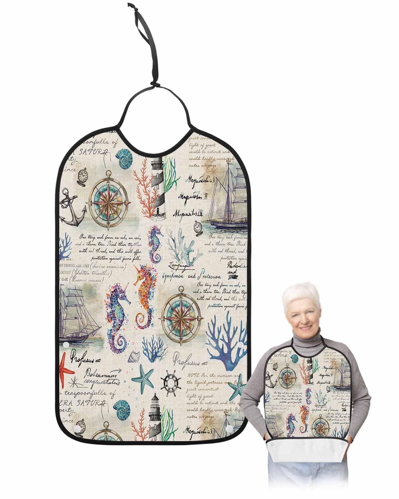 LEOKOTI Coastal Nautical Adult Bibs for Eating, Waterproof Bibs with Food Catcher & Adjustable Snap Closure, Rustic Summer Beach Anchor Ocean Coral Washable Clothing Protectors Adult Bibs for Elderly