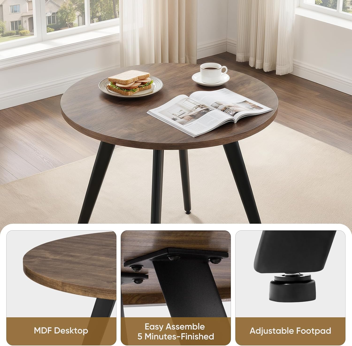 Round Dining Table, Small Dining Table for 2, 31.5" Round Table, Mid-Century Modern Kitchen Table with 1.4" Thickness Wood Grain Tabletop for or Small Space, Dining Room, Kitchen, Rusty Brown