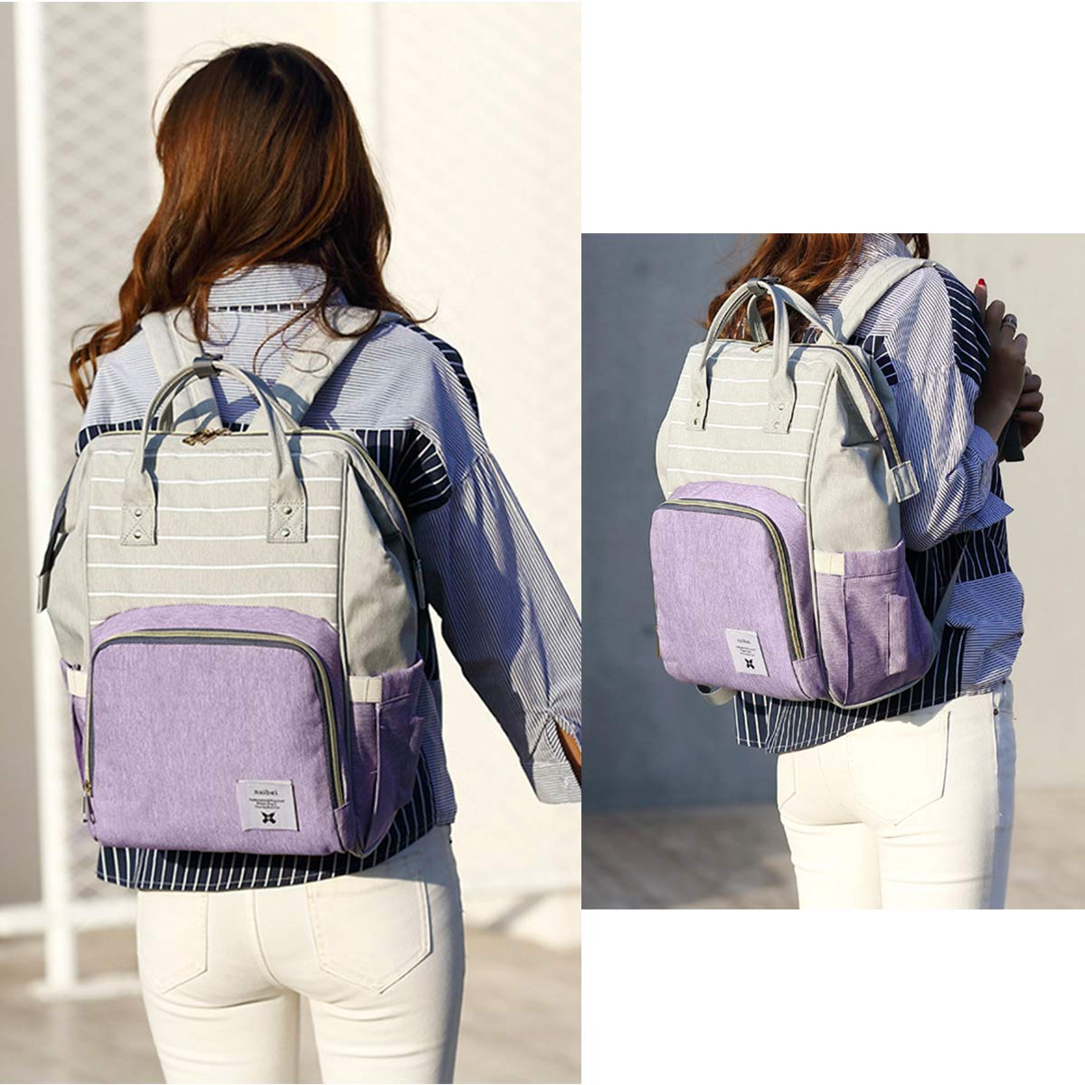 SONARIN Stripe Multifunzione Zaino Fasciatoio Bambino per Pannolini,Organizer per Zaino da Viaggio Con Sacchetto di Isolamento Termico,Impermeabile,Grande Capacità,Elegante,Ideale Regalo(Viola Chiaro)