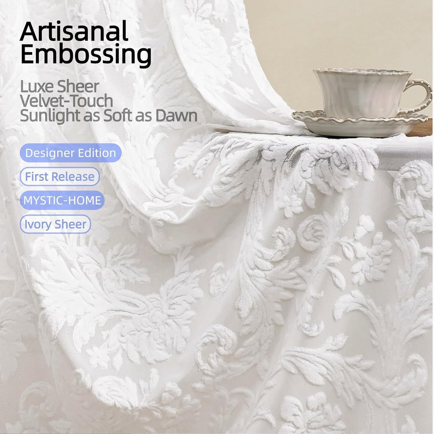 Sheer Curtains 84 Inch Length for Living Room & Bedroom Rod Pocket Boho Farmhouse Drapes with Scroll Floral Patterned 3D Flocked Texture & Rococo Motifs White Sheer Curtain Set of 2 Panels 52"W*84"L