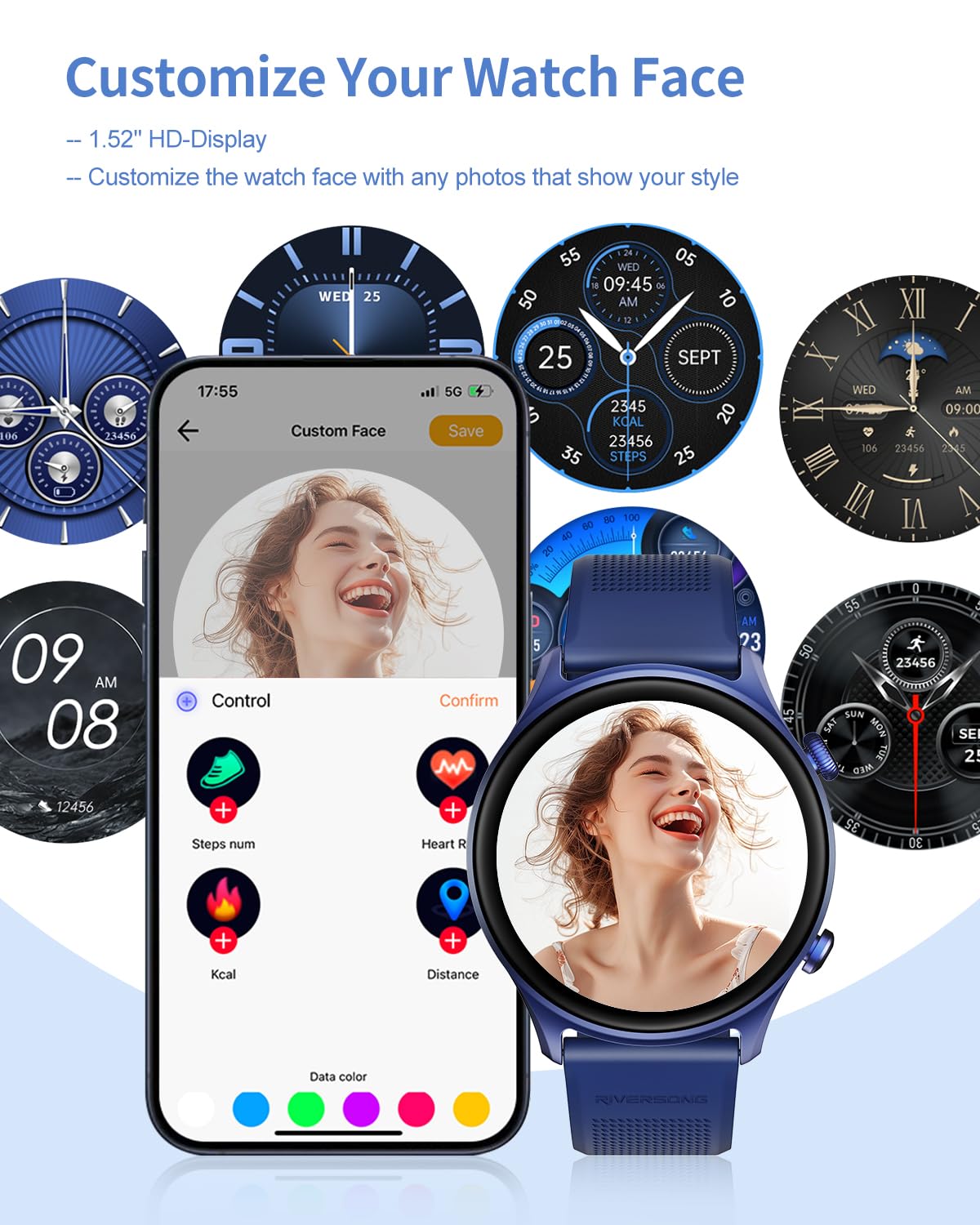 RIVERSONG Smartwatch Uomo Donna con Effettua/Risposta Chiamate Compatibile, 1.52" Orologio intelligente con Monitor Tracker per Salute Fitness (Frequenza Cardiaca/Sonno/Ossigeno Sanguigno), Blu Navy