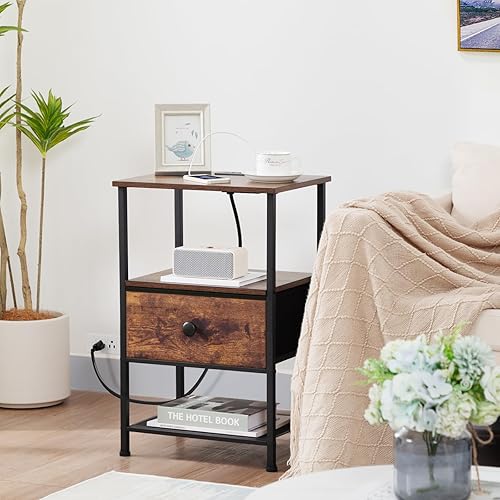 Miniatura 2 de Juego de 2 mesitas de noche con estación de carga, mesas auxiliares para sala de estar con cajón de tela para espacios pequeños, mesas auxiliares de