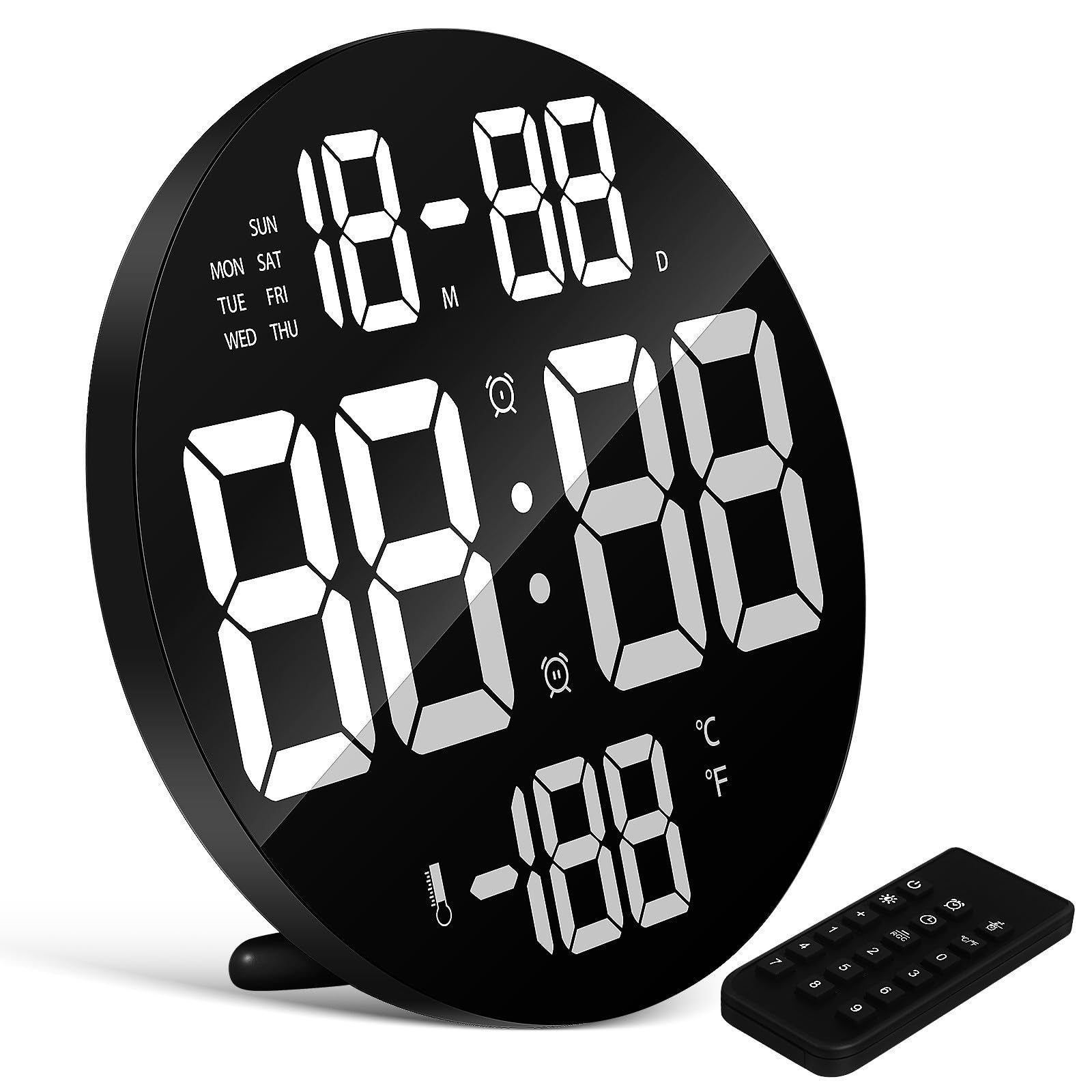 POPETPOP Digitale Wanduhr mit großem Display, einstellbare Helligkeit, Datums und Temperaturanzeige, Schwarze Kunststoff Runduhr für Schlafzimmer und Wohnzimmer