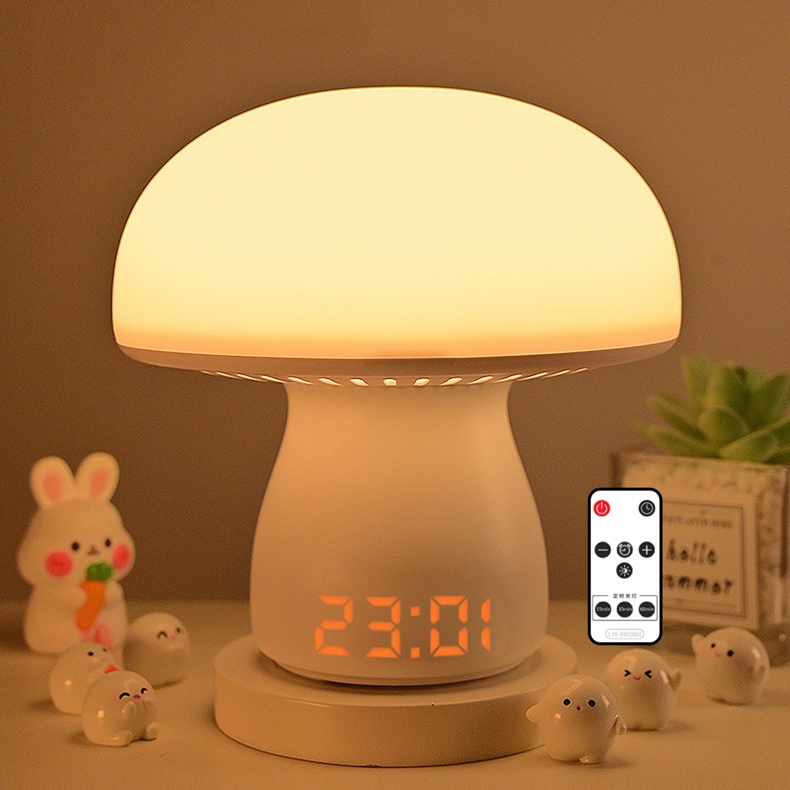 Justup Nachttischlampe Touch Dimmbar, Pilz LED Tischlampe mit Uhranzeige und Timing Funktion, 3600mAh Akku Lampe USB Aufladbar, Tischleuchte Kabellos für deko Schlafzimmer Wohnzimmer Büro (Pilz)