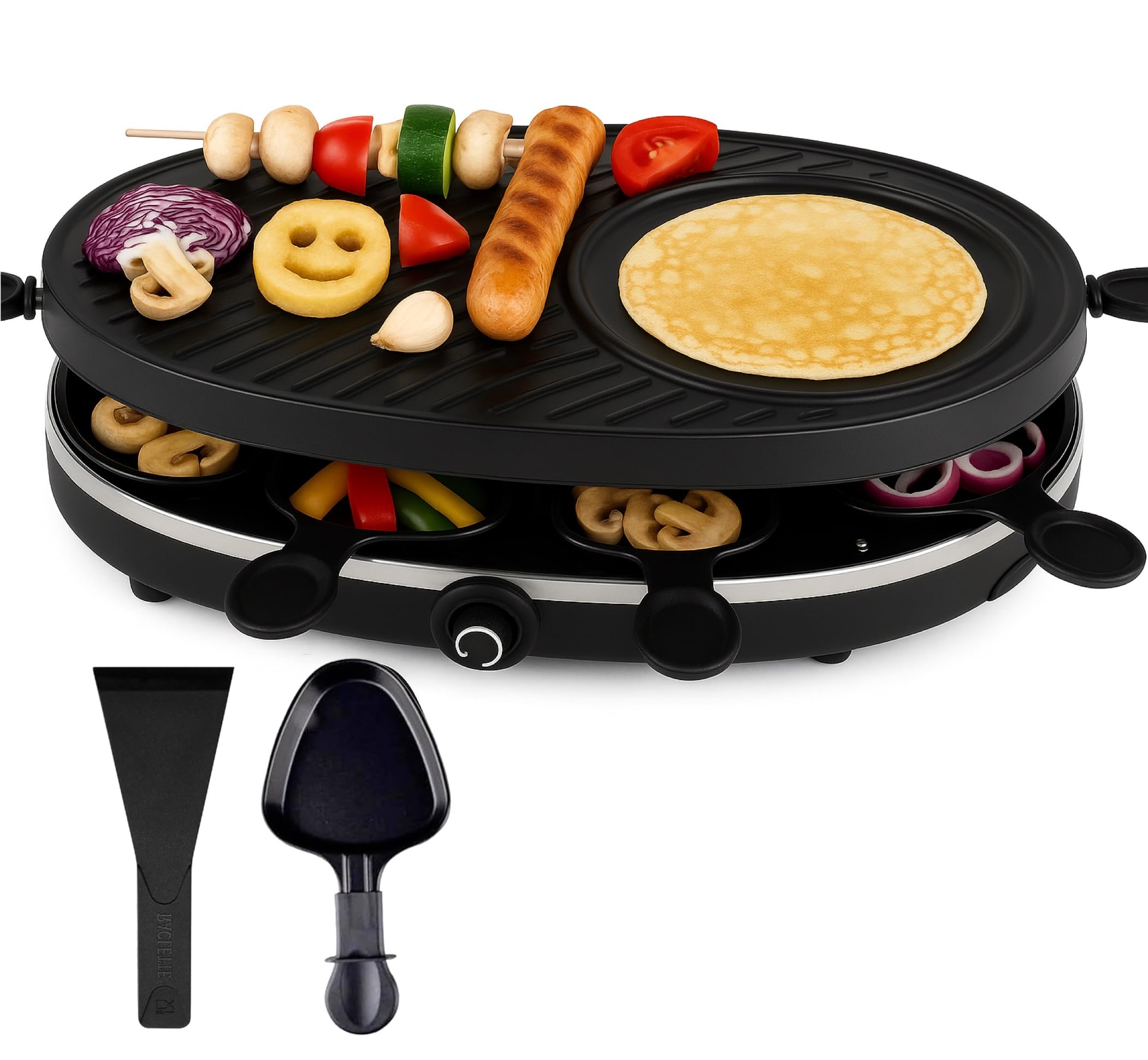 Set de raclette pour 8 personnes - Gril ovale - Avec fonction crêpes - Barbecue de table avec poêlons et grattoirs - ROND (TK49304)