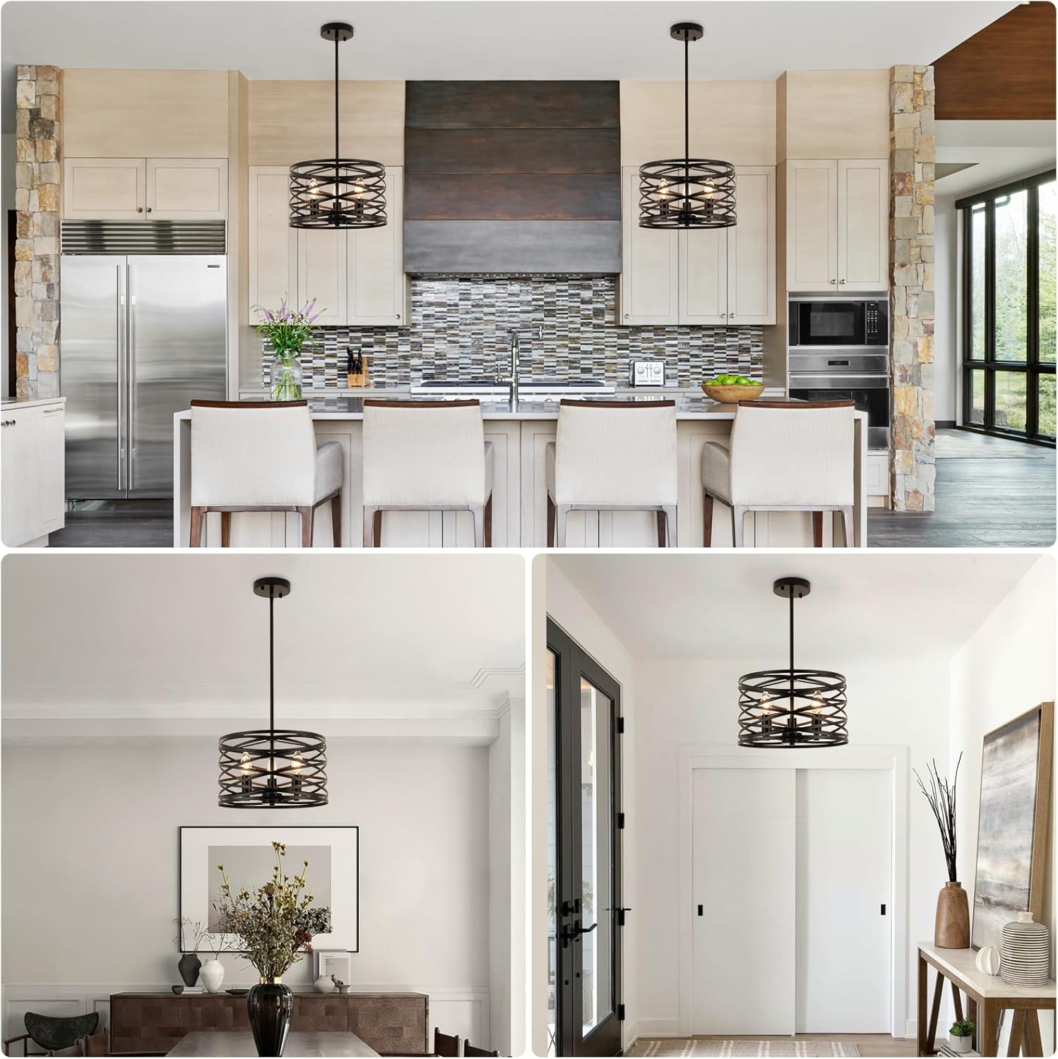 Farmhouse Chandeliers for Dining Room, 3-Light Pendant Lighting for Kitchen Island Black Drum Rustic Chandelier Ceiling Hanging Light Fixture Dining Room Light Fixture for Foyer Entryway Kitchen