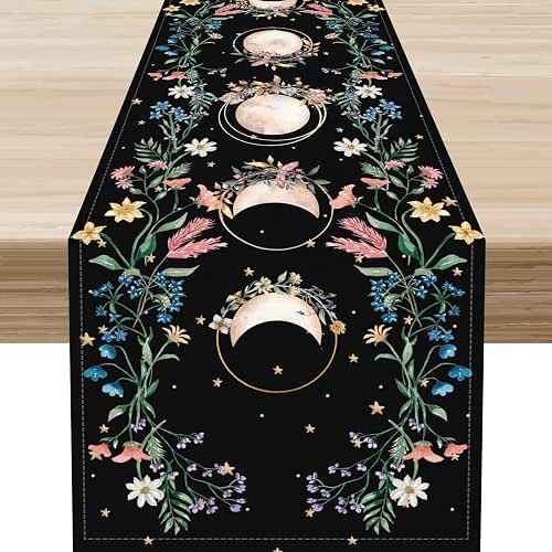 Boho Floral Table Runner, Spring Gothic Wild Flower Moon Phase