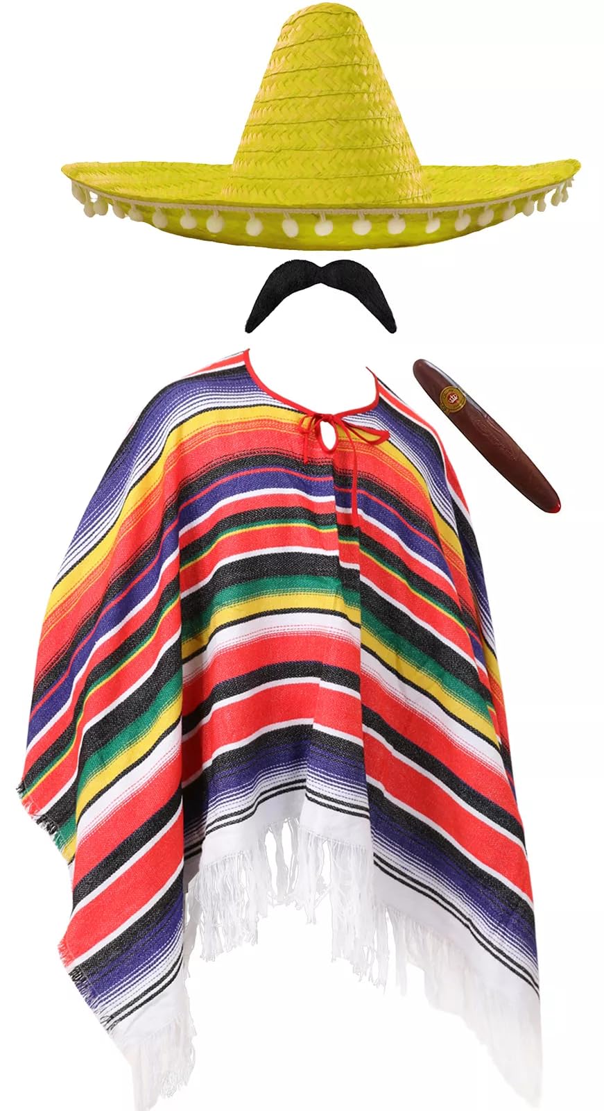 Adults Mexican Costume - Multicoloured Poncho with Tasselled Edges, Yellow Sombrero, Fake Cigar, Fake Moustache - Mens Ladies Mexico Cinco de Mayo Fancy Dress Costume