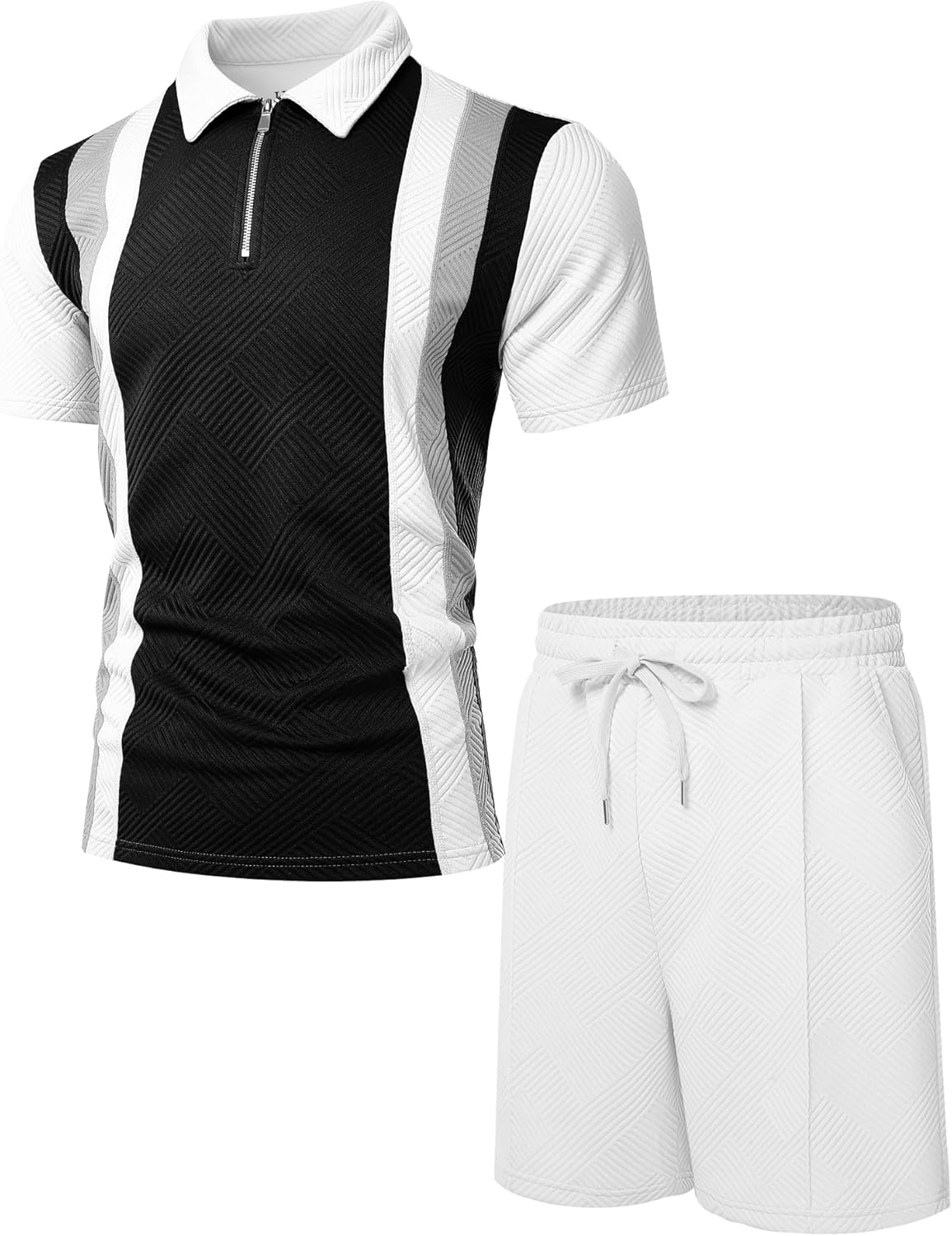 UOUA Mens Summer Track Suits 2 Piece Shorts Sets Short Sleeve Sweatsuit Outfits 1/4 Zip Golf Polo Splicing Striped Shirts - Image 6