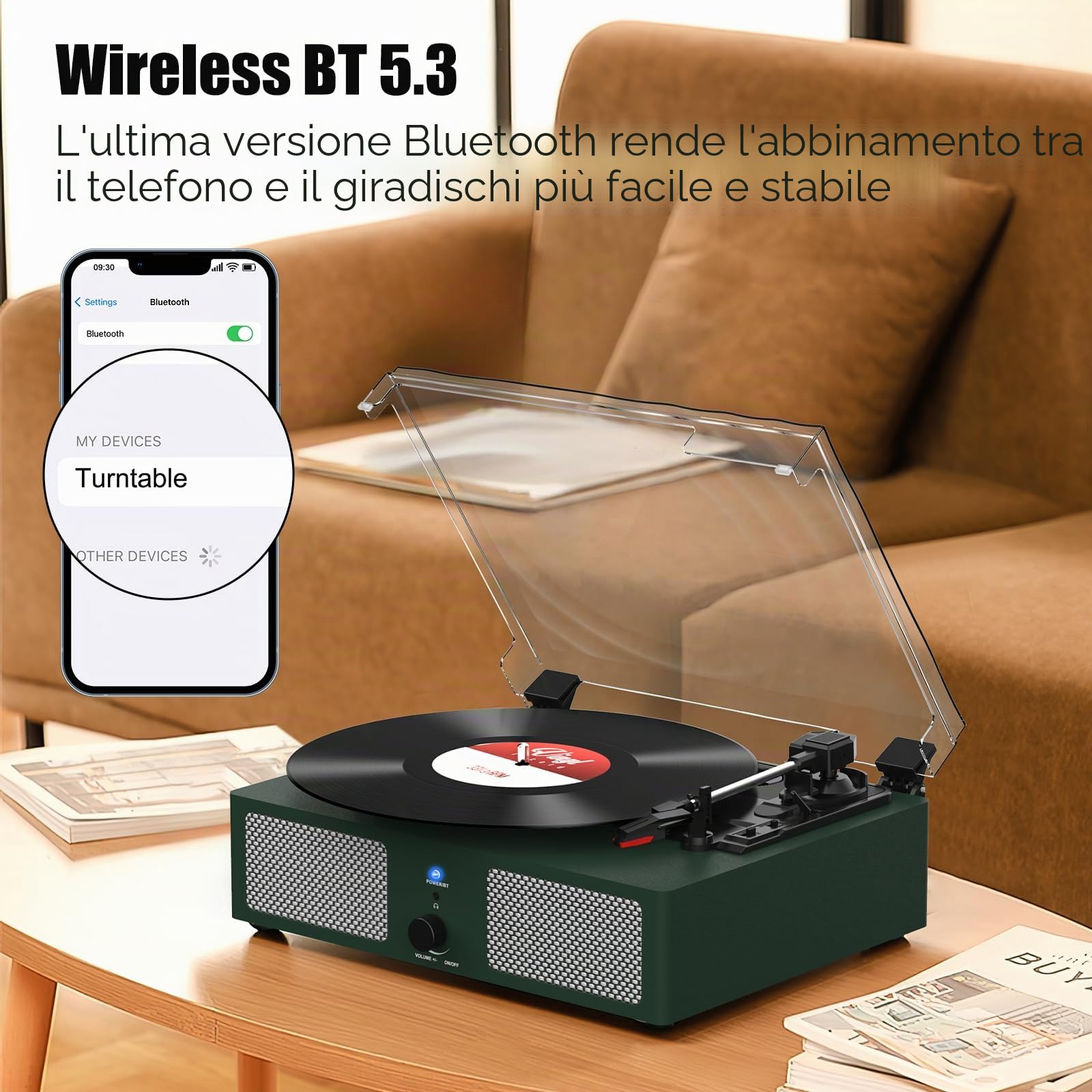 Udreamer Giradischi Bluetooth con Altoparlanti Integrati, Fonografo Vintage 3 Velocità, Verde