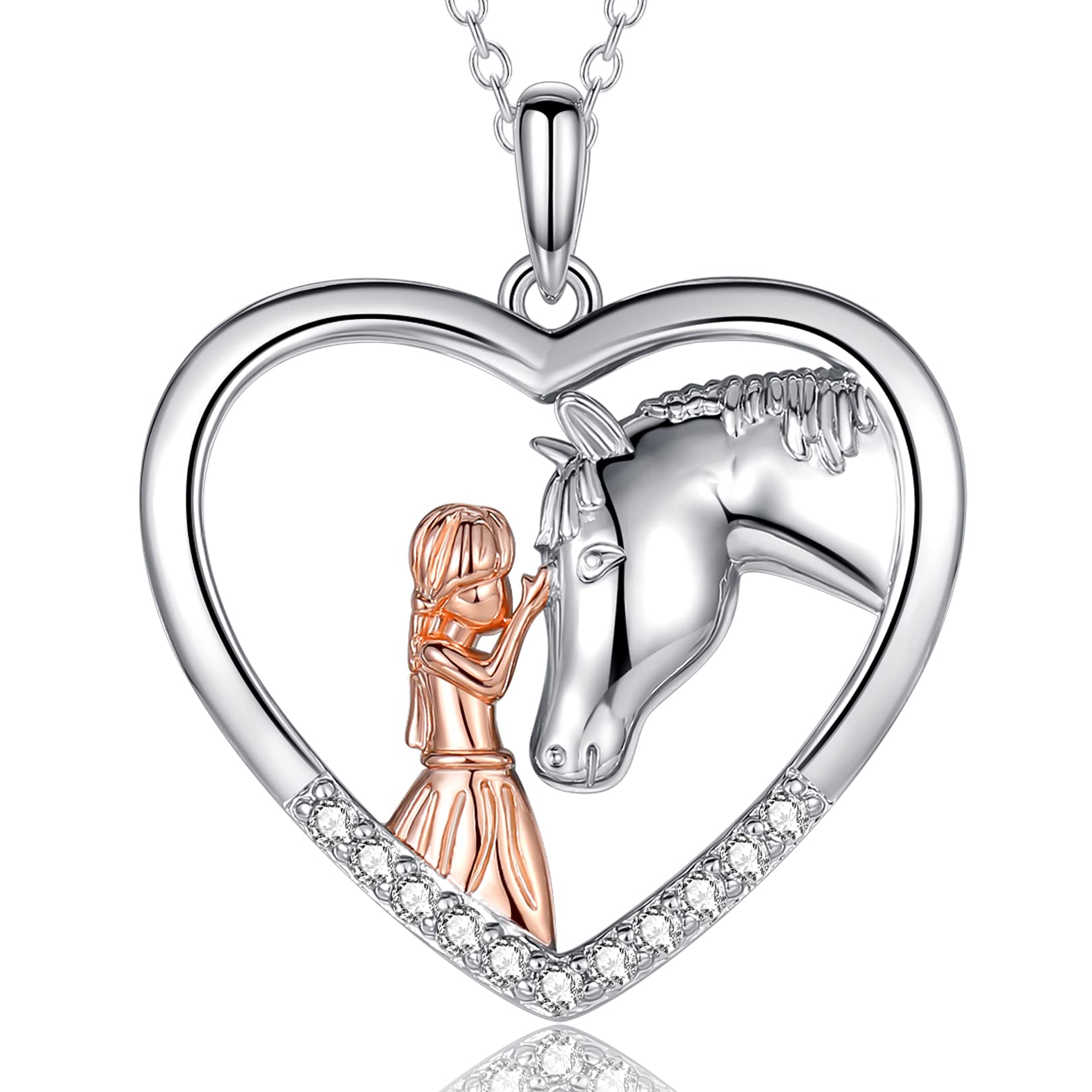 USEEDOVIA Pferde Mädchen Geschenk Herz Kette Halskette Damen 925 Weißgold| Damen Silberkette Mädchen Kette Herz Kette Silber Schmuck Damen Geschenk für Frauen Ostern Geburstag mit Geschenkbox
