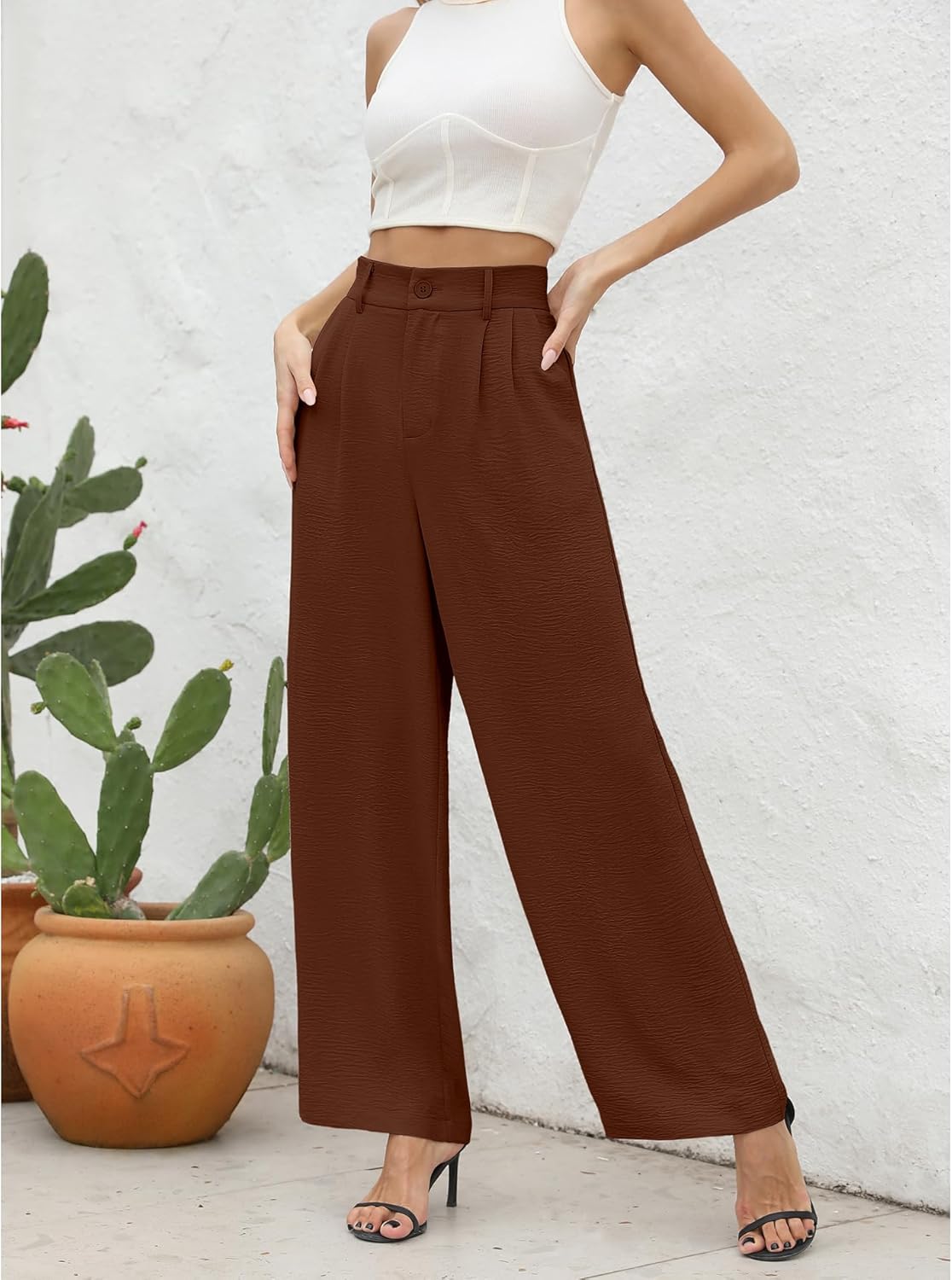 CZYINXIAN Women's Casual High Waisted Wide Leg Pants Flowy Business Work Casual Pants with Pockets - Image 2