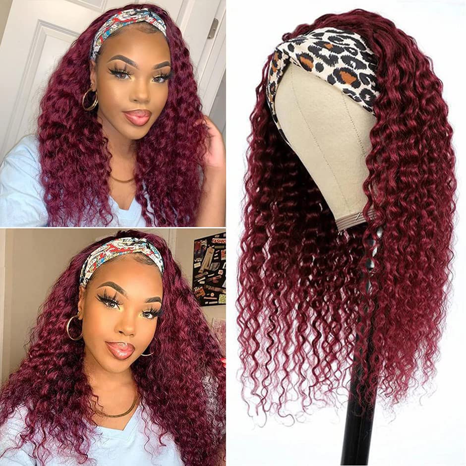 Image of XSY 99J Burgundy Headband Wig Deep Wave Human Hair Wigs 150% Density Red hair Half Wigs For Black Women Glueless None Lace Front Wigs With Headband Attached (10 Inch)