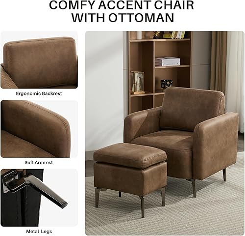 Miniatura 5 de Moderno juego de sillón tapizado de cuero y otomano, moderno de mediados de siglo, sillas individuales cómodas para sala de estar, rincón de lectura