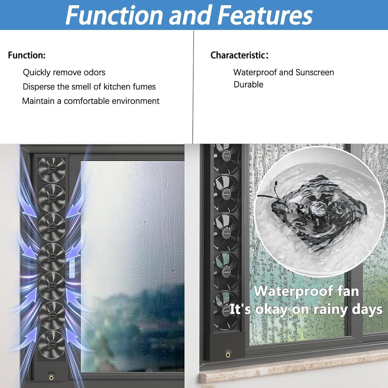 Retractable Window Exhaust Fan, 35-135cm Casement Window Fan, Adjustable Wind Speed Vent Fans, Vertical Ventilation Fan for Home, 5cm Retractable Black 40~45cm