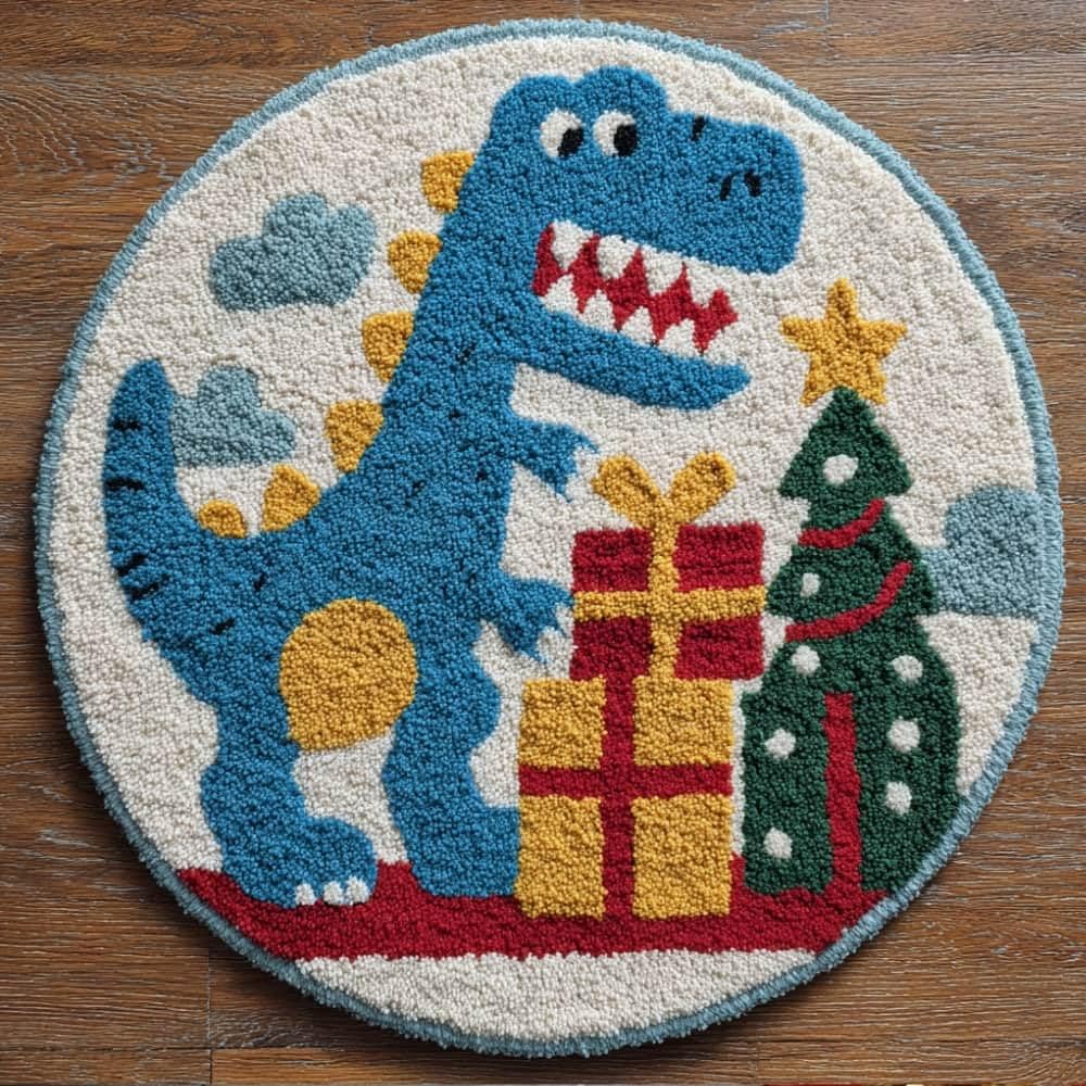 kitphoenix DIY Latch Hook Rug Kits Dinosaur Easy for Beginners Round Carpet Crochet Yarn Craft Large Rug Hook and Latch Tapestry for Home Decor 50X50Cm