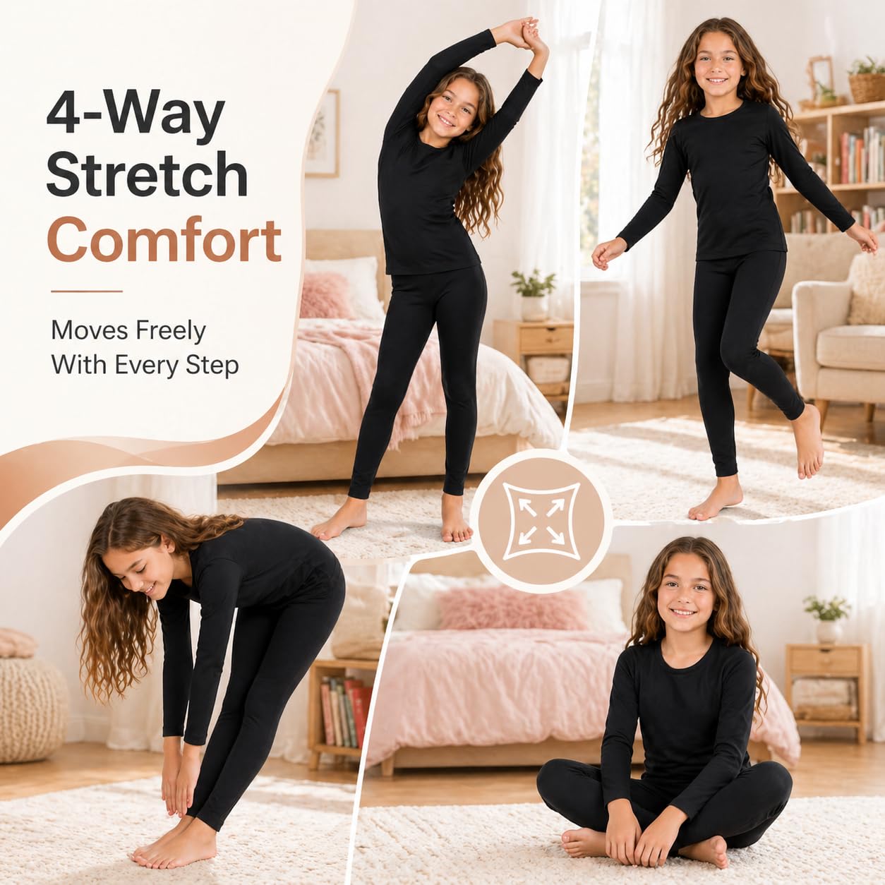 Conjunto de Ropa Interior Térmica para Niña Camiseta y Pantalón con Forro Polar, Pijama Cálido de Invierno, Capa Base Elástica Infantil (Negro, L)