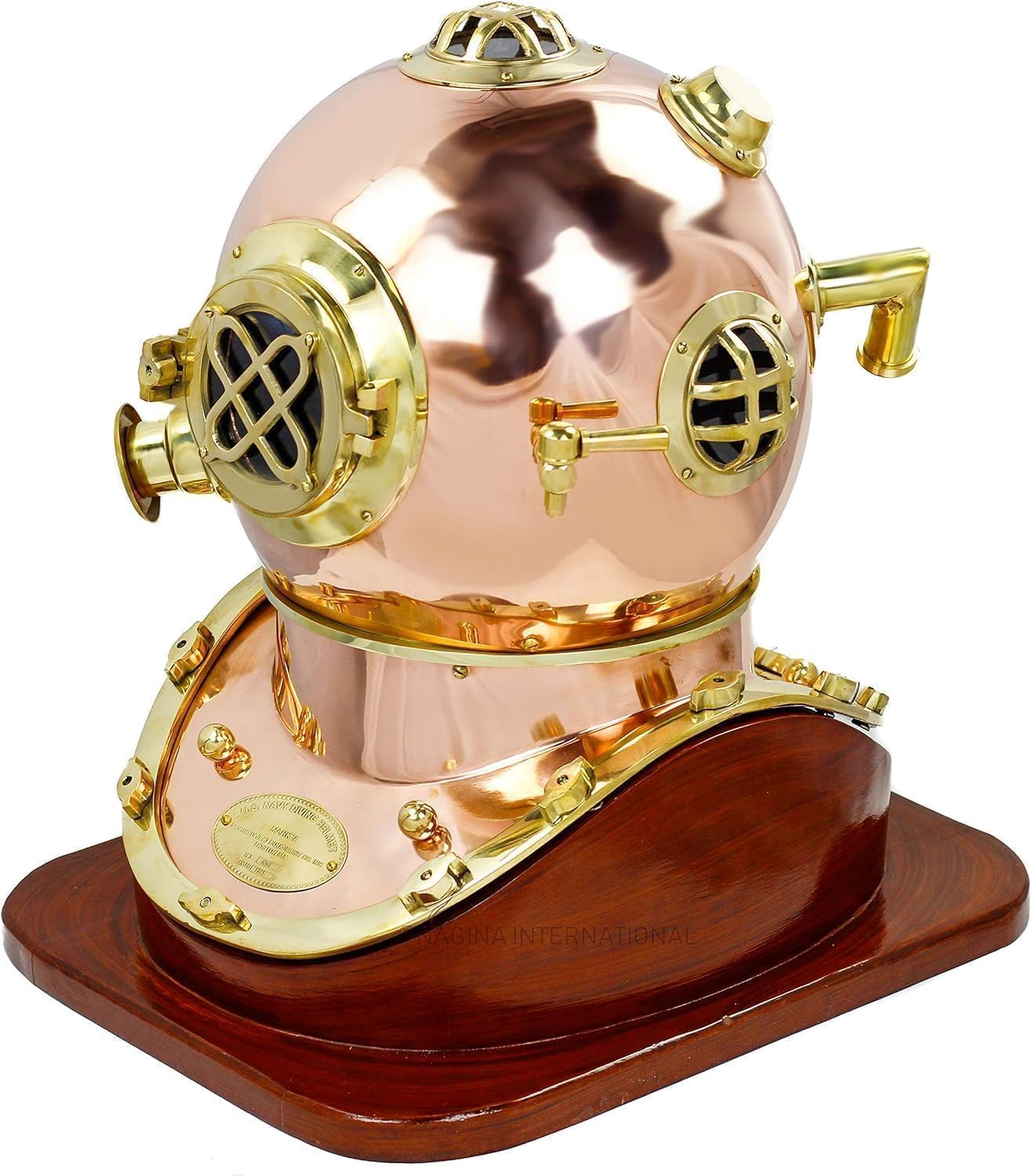 Maritime Decor Collectibles 18-Inch Antique Style Diving Helmet, Iron and Aluminum Construction, Polished Brass Finish, Wooden Base