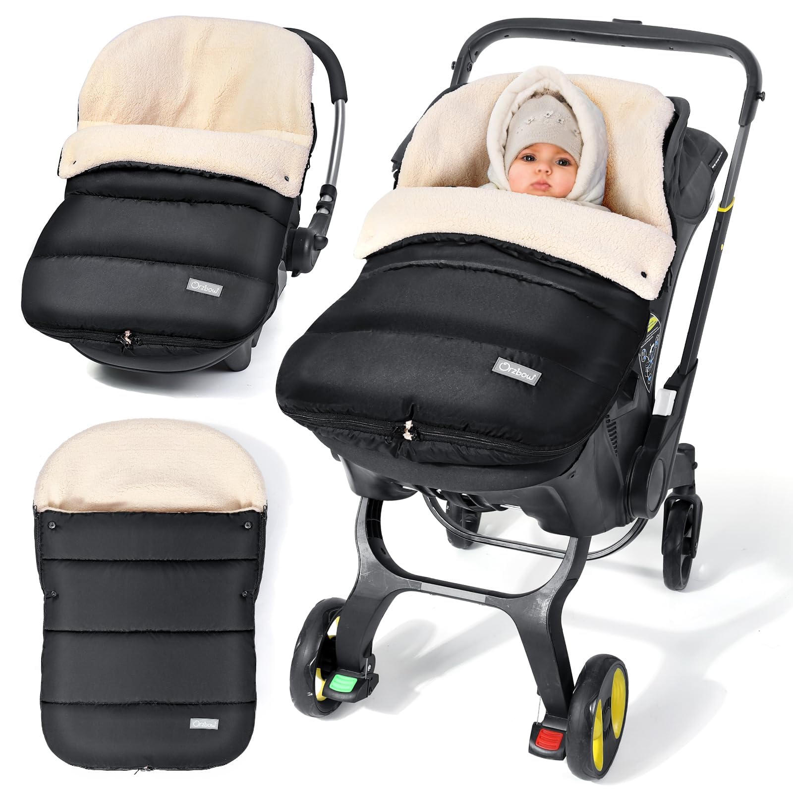 Orzbow Sacco Ovetto Invernale 0-6 Mesi, Regolabile Sacco Termico per Ovetto con Cerniere, Facile Accesso, Impermeabile Coperta Ovetto Neonato Invernale con Pile Berbero, Caldo, Nero
