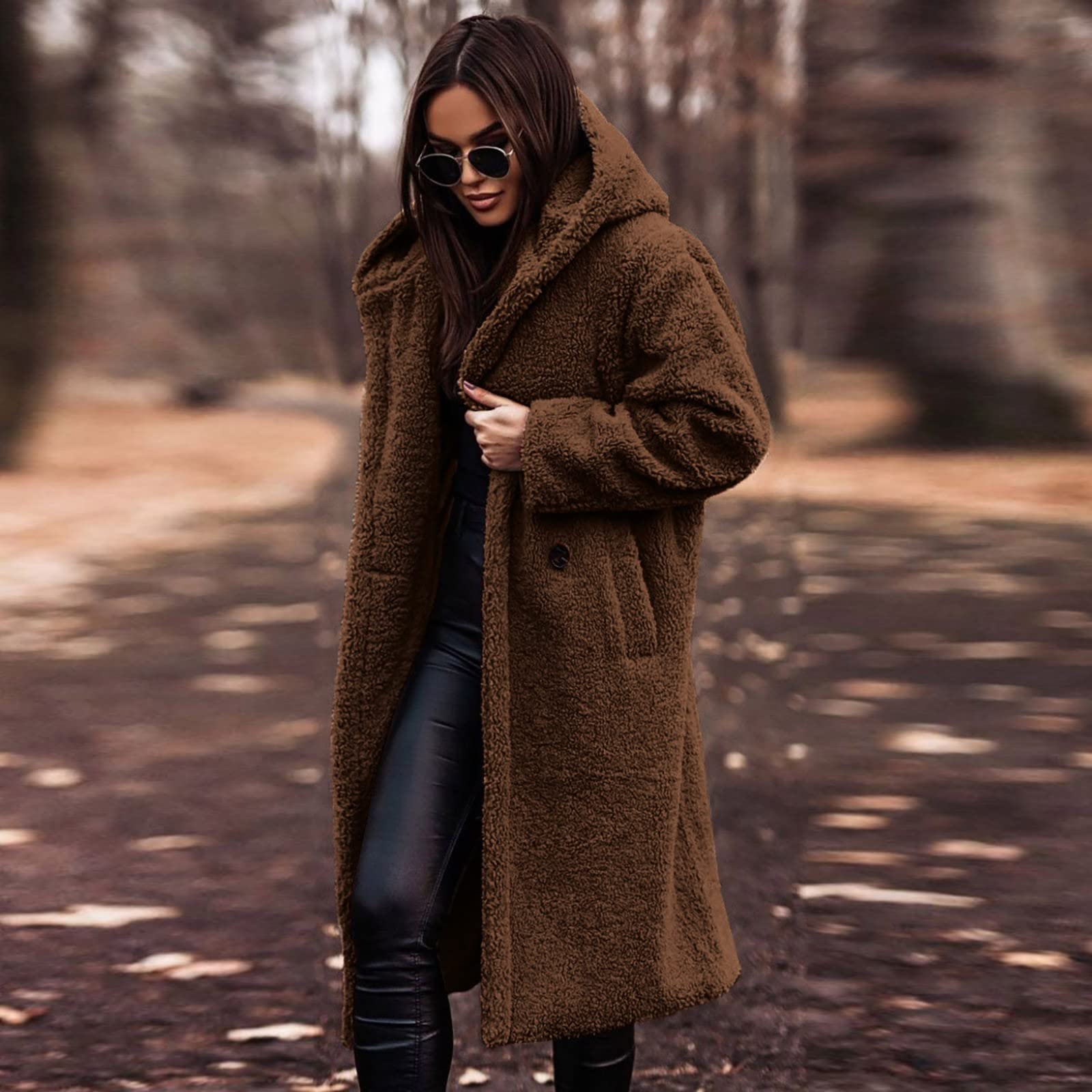 Wintermantel Damen Lang Mit Kapuze Fleecejacke Damen Dicke Kuscheljacke Damen Flauschig Winterjacke Damen Warm Gefütterte Strickjacken Teddyjacke Wollmantel Frauen Winter Plüschjacke Taschen