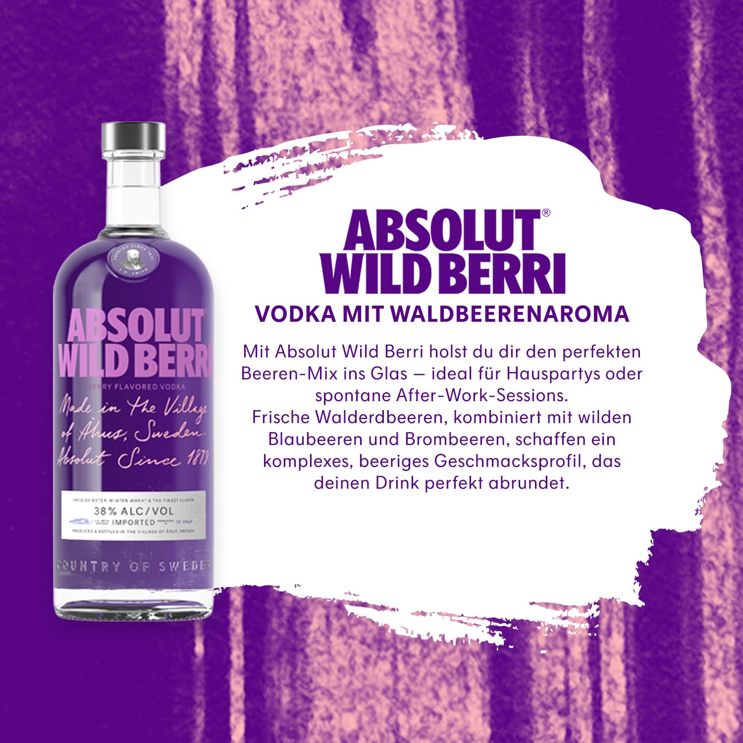 Absolut Vodka Wild Berri, Wodka mit fruchtig-intensivem Wildberry-Geschmack und ohne zusätzlichen Zucker, für Cocktails und Longdrinks, 38 Prozent Volumen, 1 x 1L