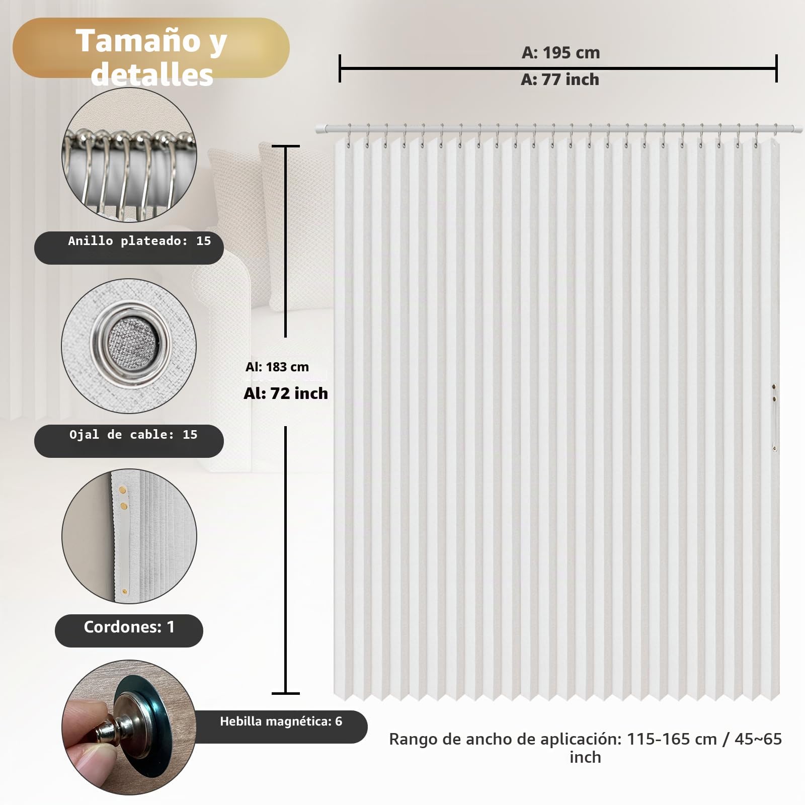AJAZZ, Cortinas de Ducha Plegables magnéticas, Material de poliéster, Gancho para Cortina de Ducha, Cortina de Ducha Impermeable, Adecuada para Familia, Hotel, casa de Familia (Blanco, 77 Pulgadas de