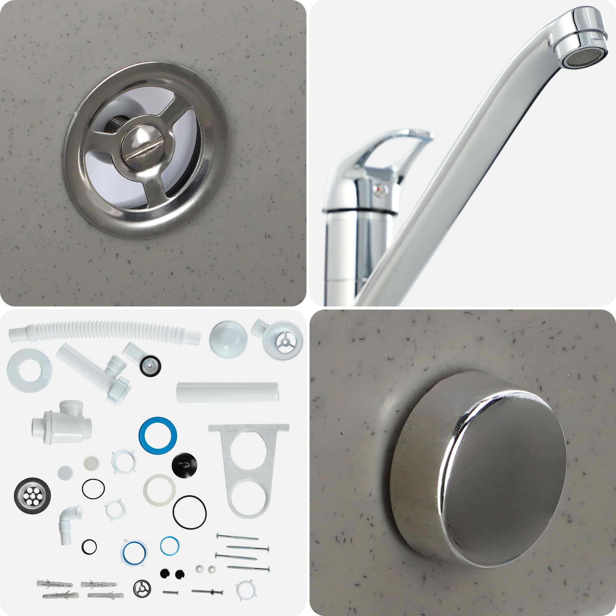 GOSPO Fregadero de polipropileno, 50,4 x 34 x 26,5 cm, fregadero con grifo, sifón y kit de montaje, lavabo, lavabo, lavabo, fregadero de cocina (gris)