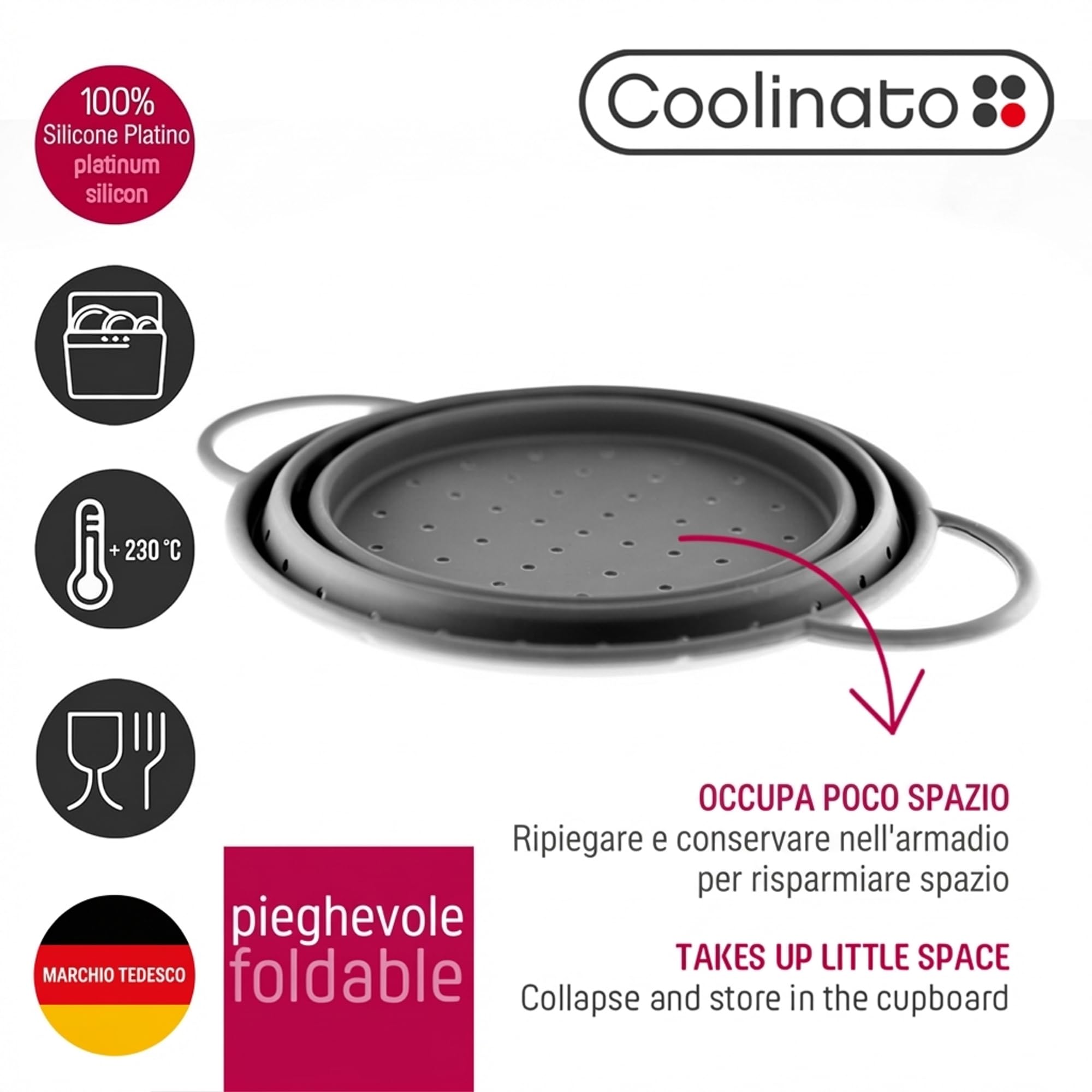 Coolinato – Scolapasta silicone pieghevole 20 cm grigio – Colino per pasta, verdura e frutta - Colapasta per lavastoviglie, senza BPA e termoresistente fino a 230°C - Setaccio salvaspazio richiudibile