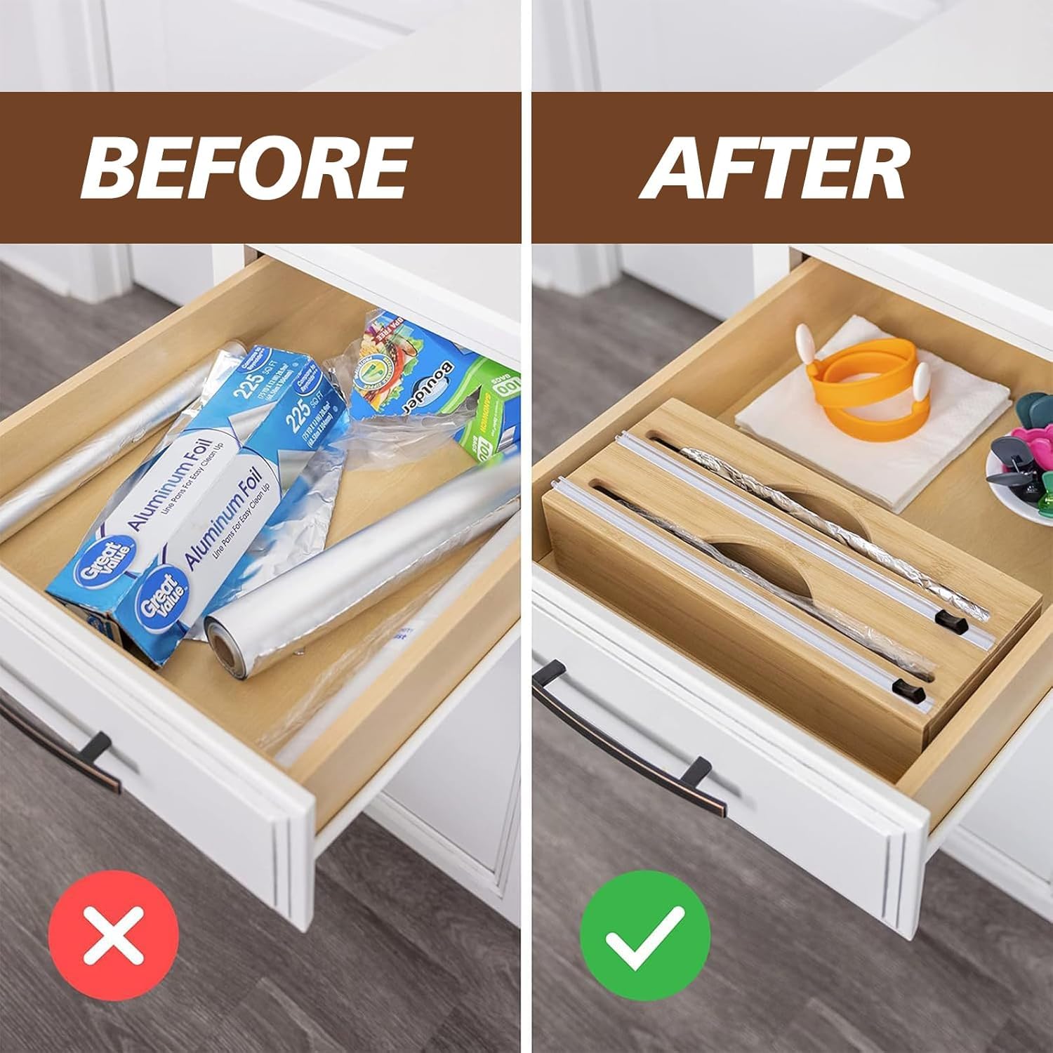 Derouleur Film Alimentaire en Bambou, Distributeur Papier Aluminium et Film avec Cutter Coulissant, Distributeur Film Alimentaire Compatible avec rouleaux de 30cm, Organisateur Tiroir Cuisine Efficace